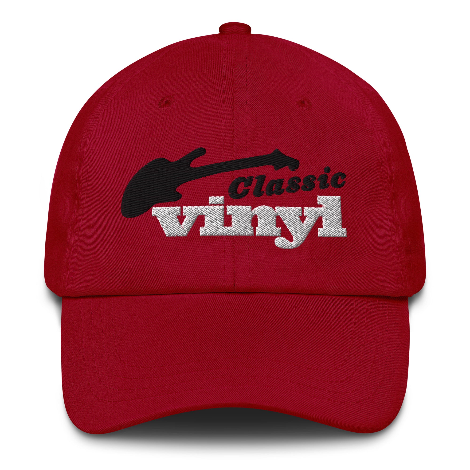 Front view of a red hat with the 'Classic Vinyl' logo embroidered in black and white, featuring a black guitar silhouette above the text.