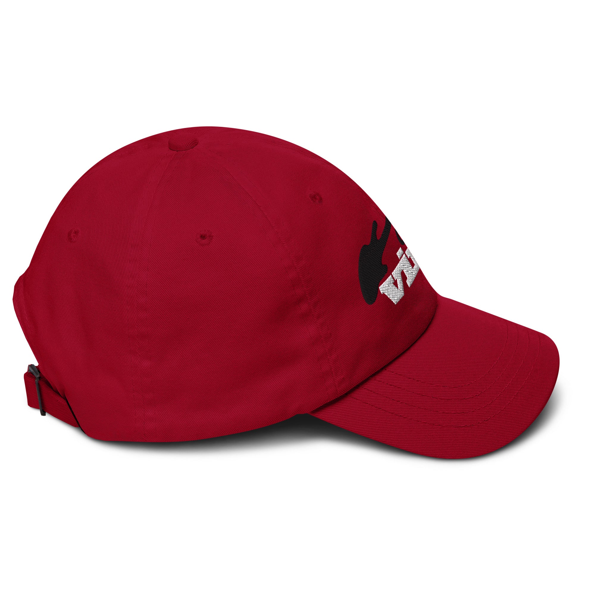 Side view of the red hat showing the curved brim and partial view of the embroidered 'Classic Vinyl' logo on the front.