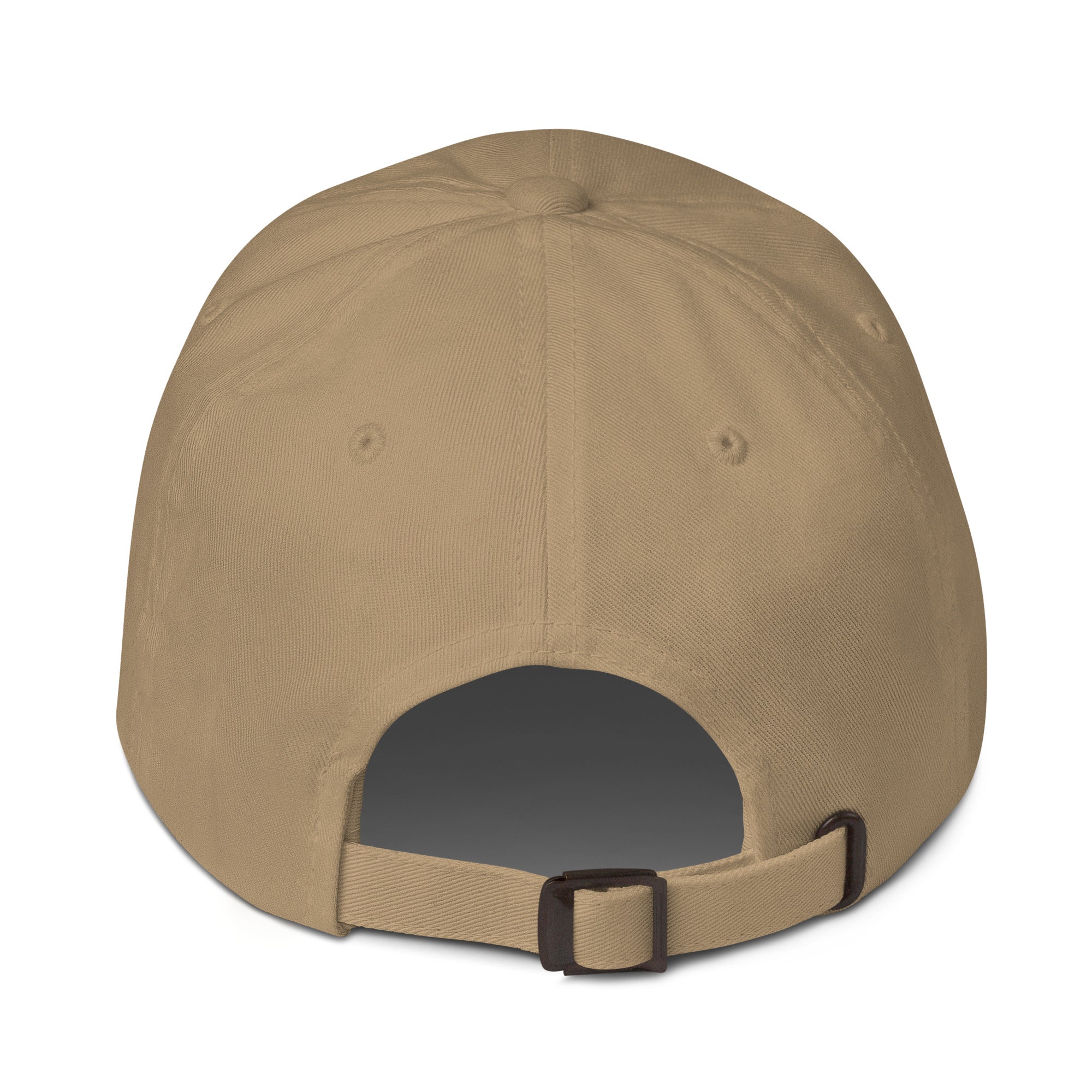 Back view of a khaki baseball-style hat showing an adjustable strap with a metal clasp and a small opening above it.