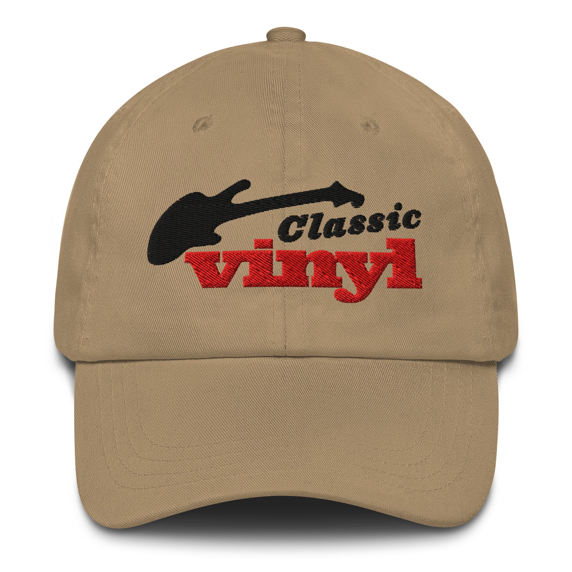 Front view of a khaki hat with the 'Classic Vinyl' logo embroidered in black and red, featuring a black guitar silhouette above the text.