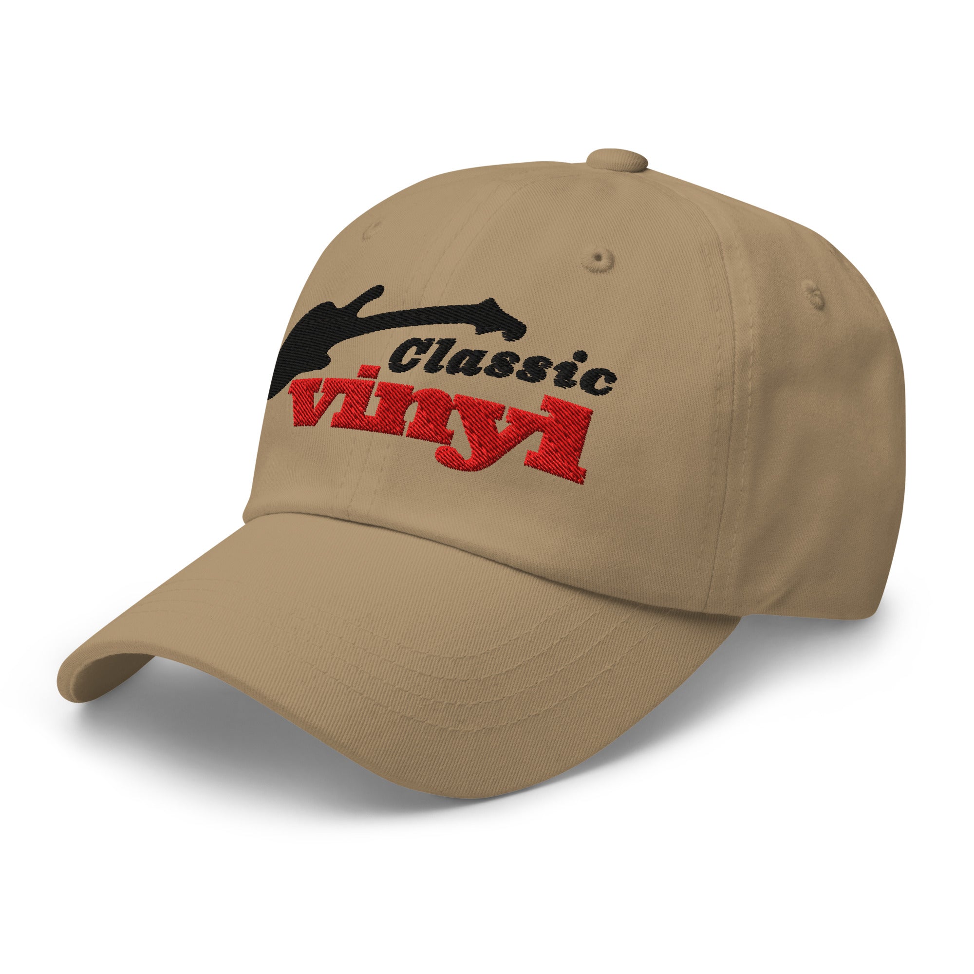 Angled front-left view of a khaki hat with the 'Classic Vinyl' logo embroidered on the front in black and red.