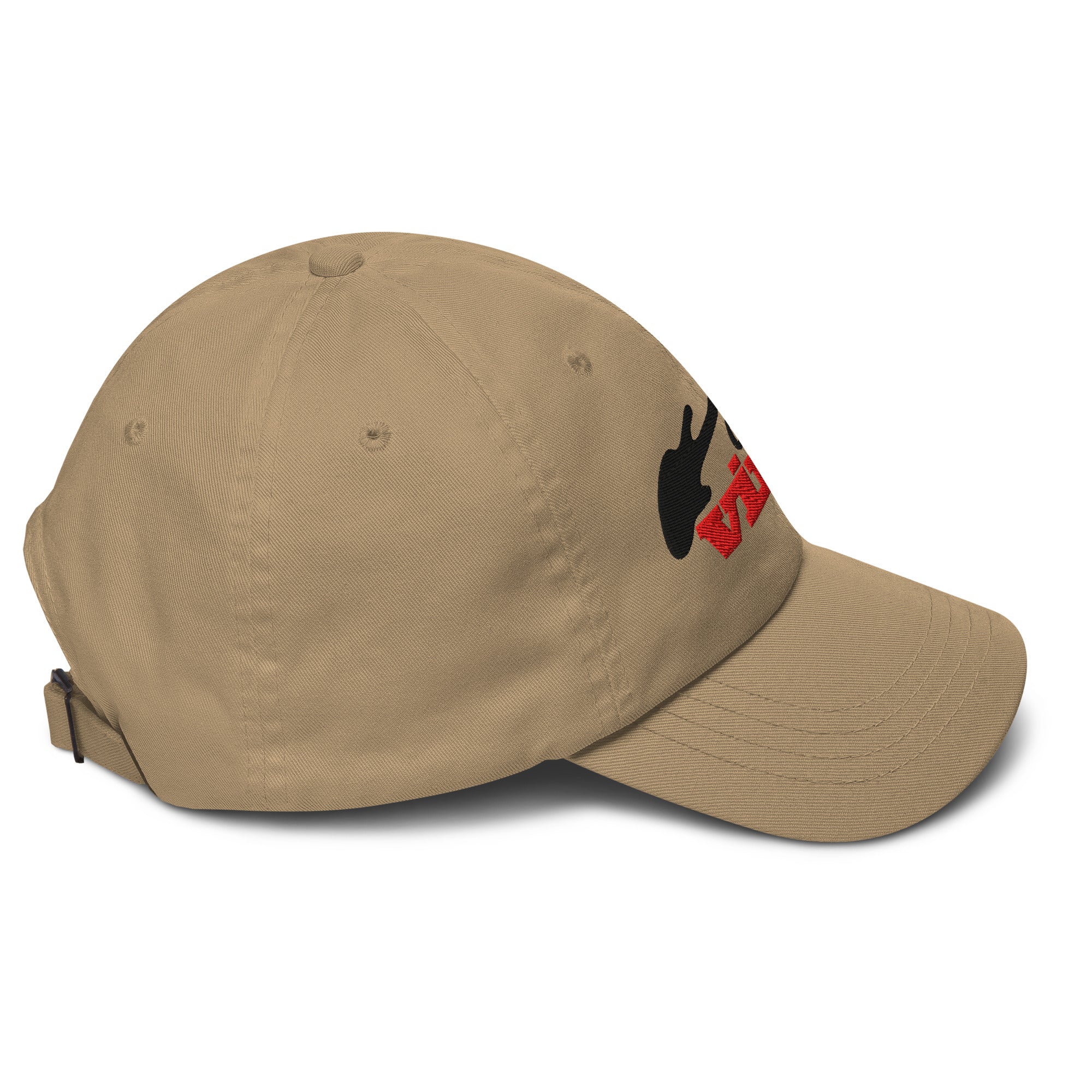 Side view of the khaki hat showing the curved brim and partial view of the embroidered 'Classic Vinyl' logo on the front.