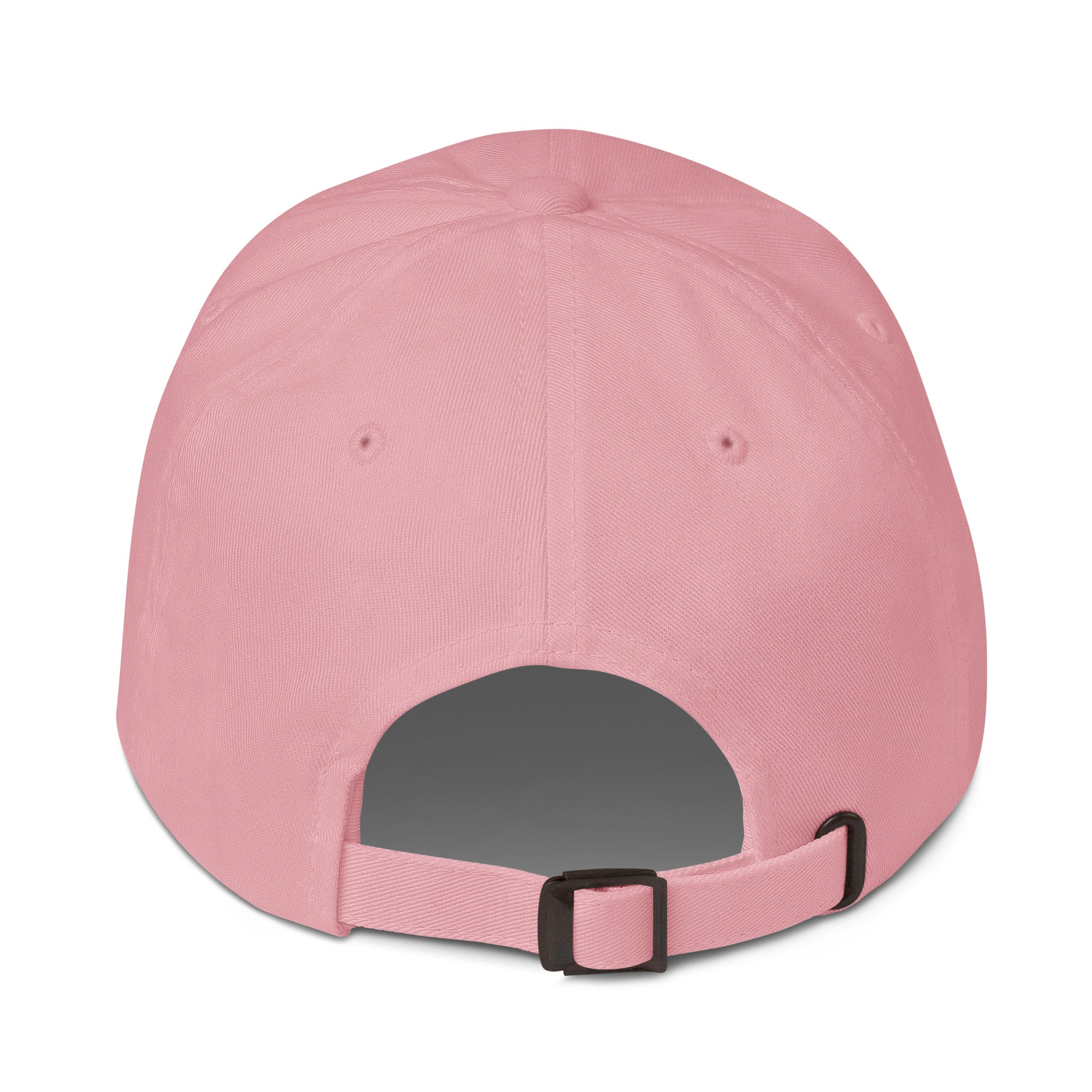 A pink classic dad hat viewed from the back, featuring a fabric strap with a metal slider buckle for adjustable sizing and stitched eyelets for ventilation.