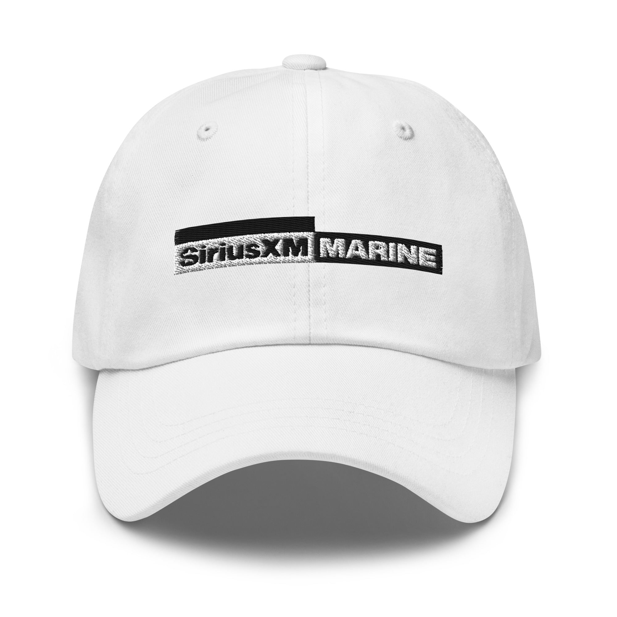 White baseball cap featuring 'SiriusXM MARINE' embroidered in black.