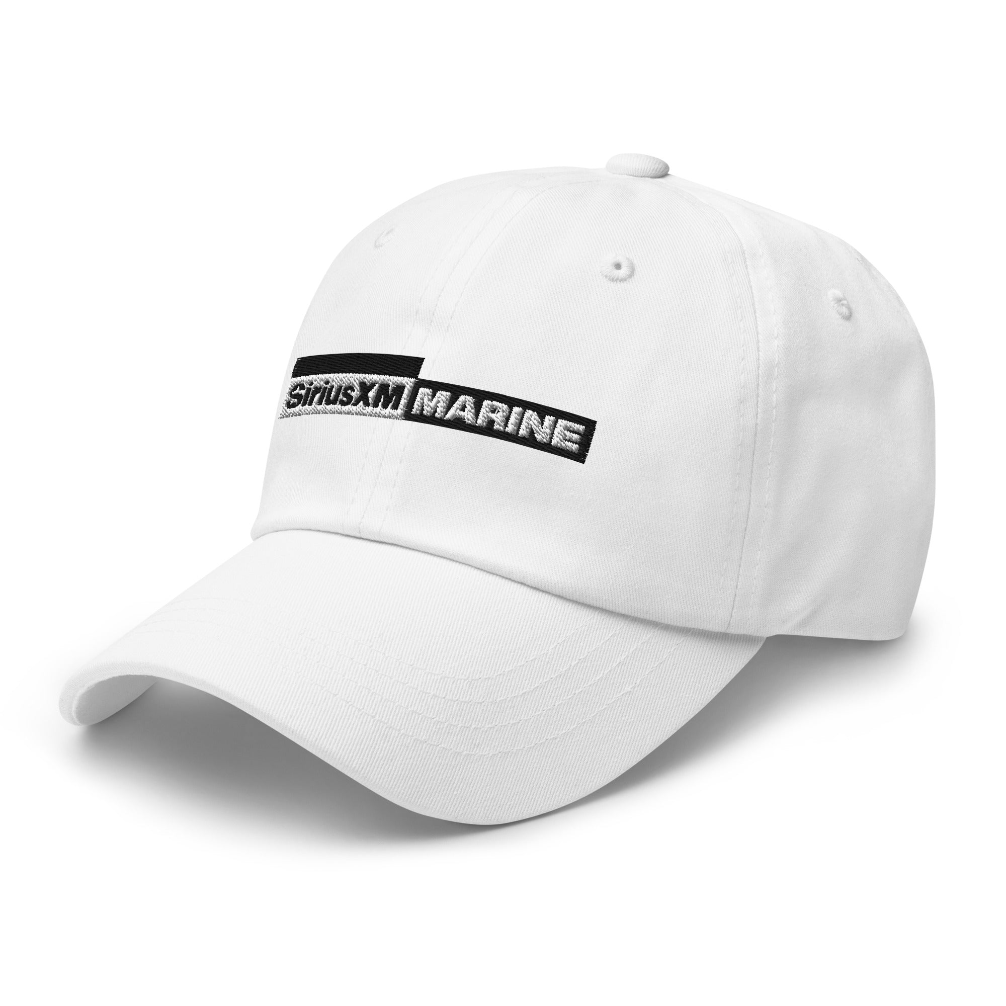 White cap with black 'SiriusXM MARINE' embroidered logo.