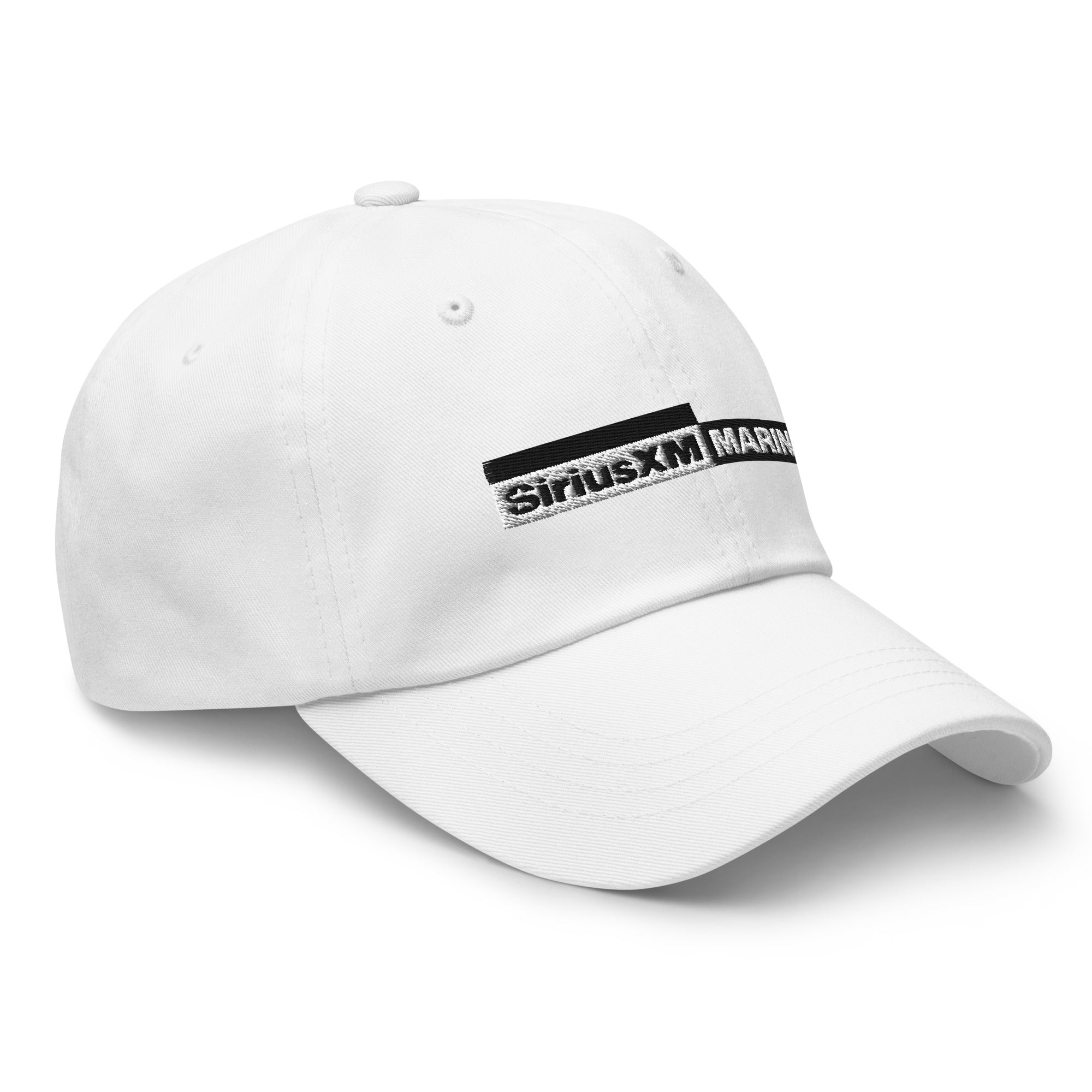 White cap with SiriusXM Marine logo embroidered in black on the front.