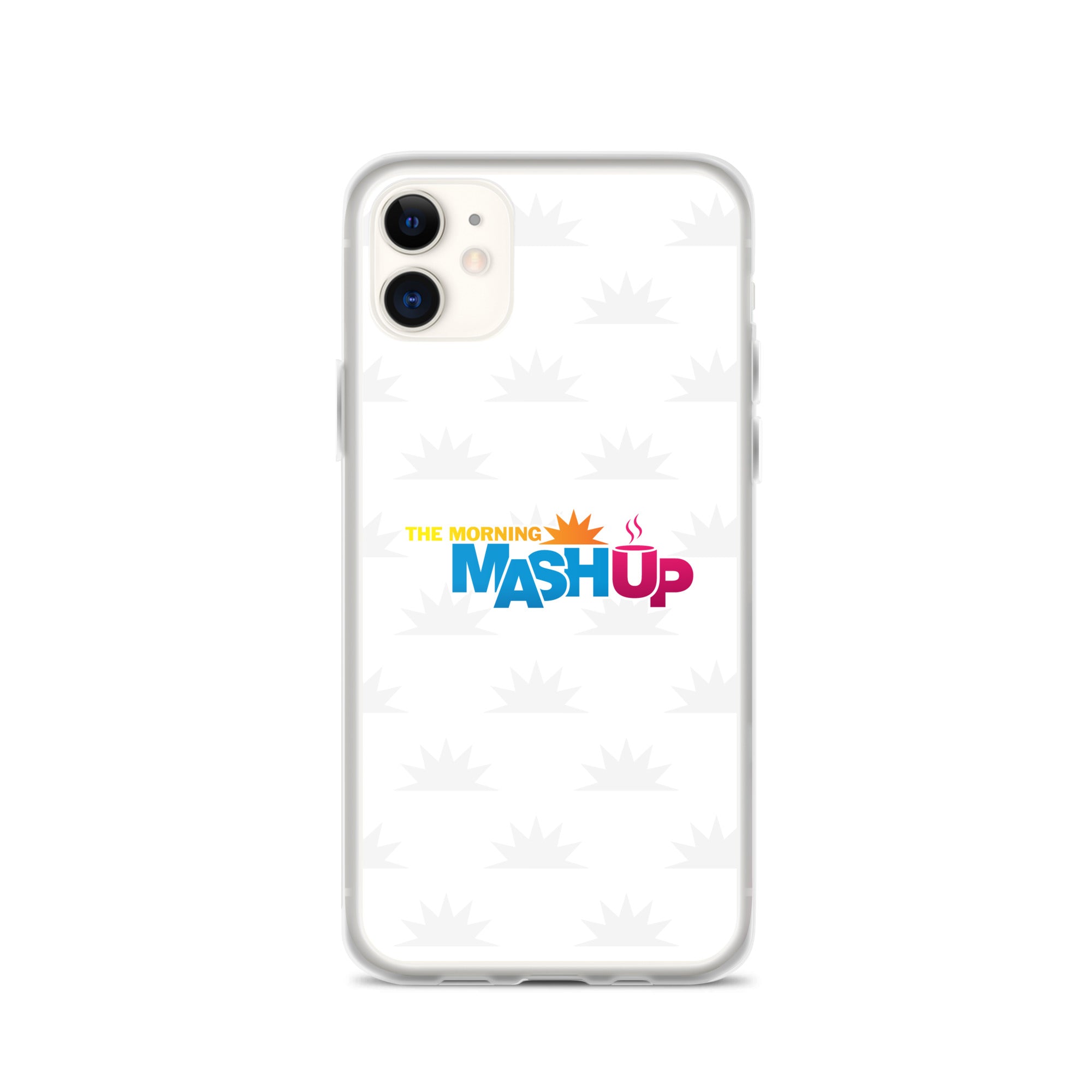 Image of a phone case featuring the words 'THE MORNING MASH UP' in yellow, blue, and pink text on a white background with a subtle sunburst pattern.