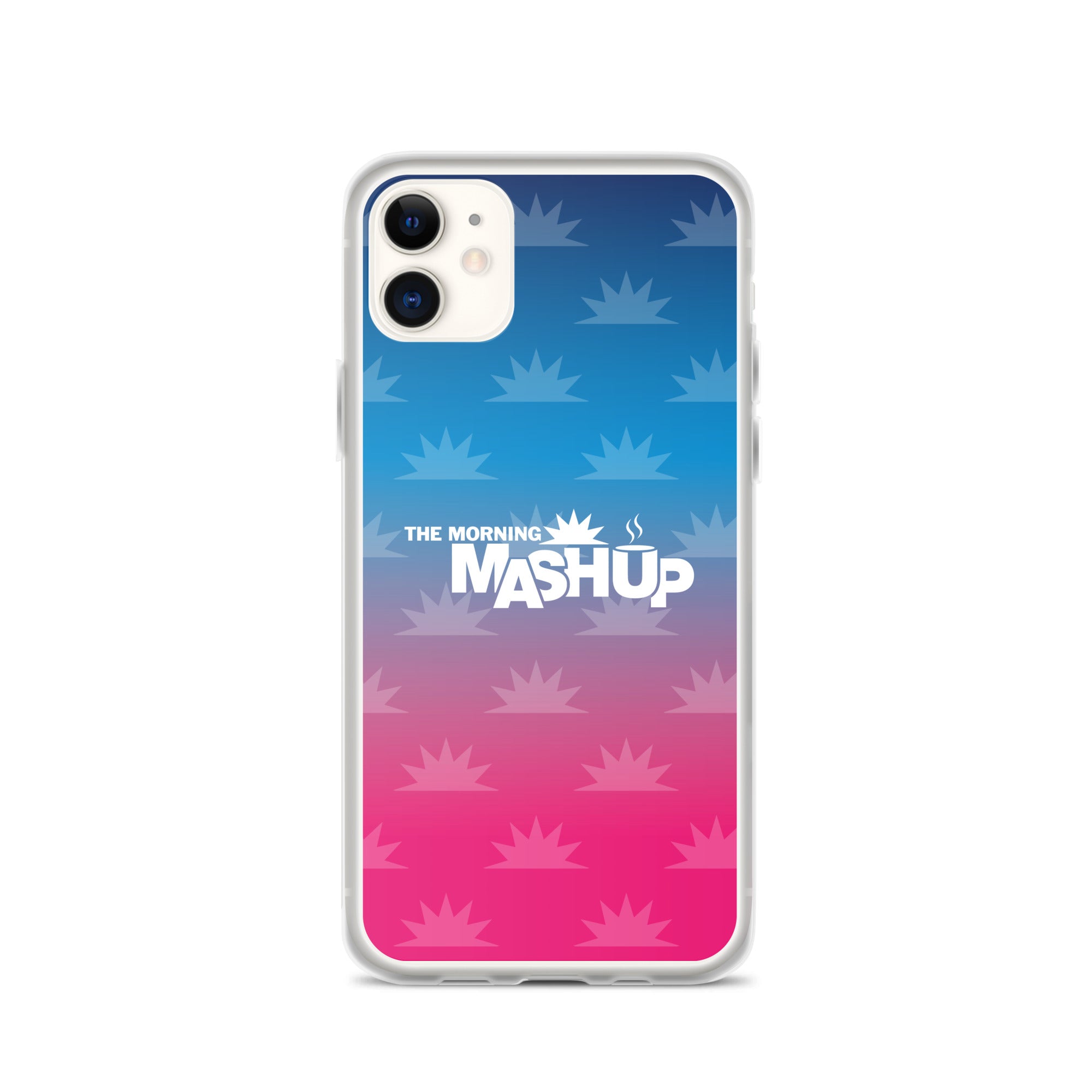 Clear phone case with a gradient background transitioning from blue to pink, featuring the text 'THE MORNING MASHUP' in bold white letters and starburst patterns in lighter shades.