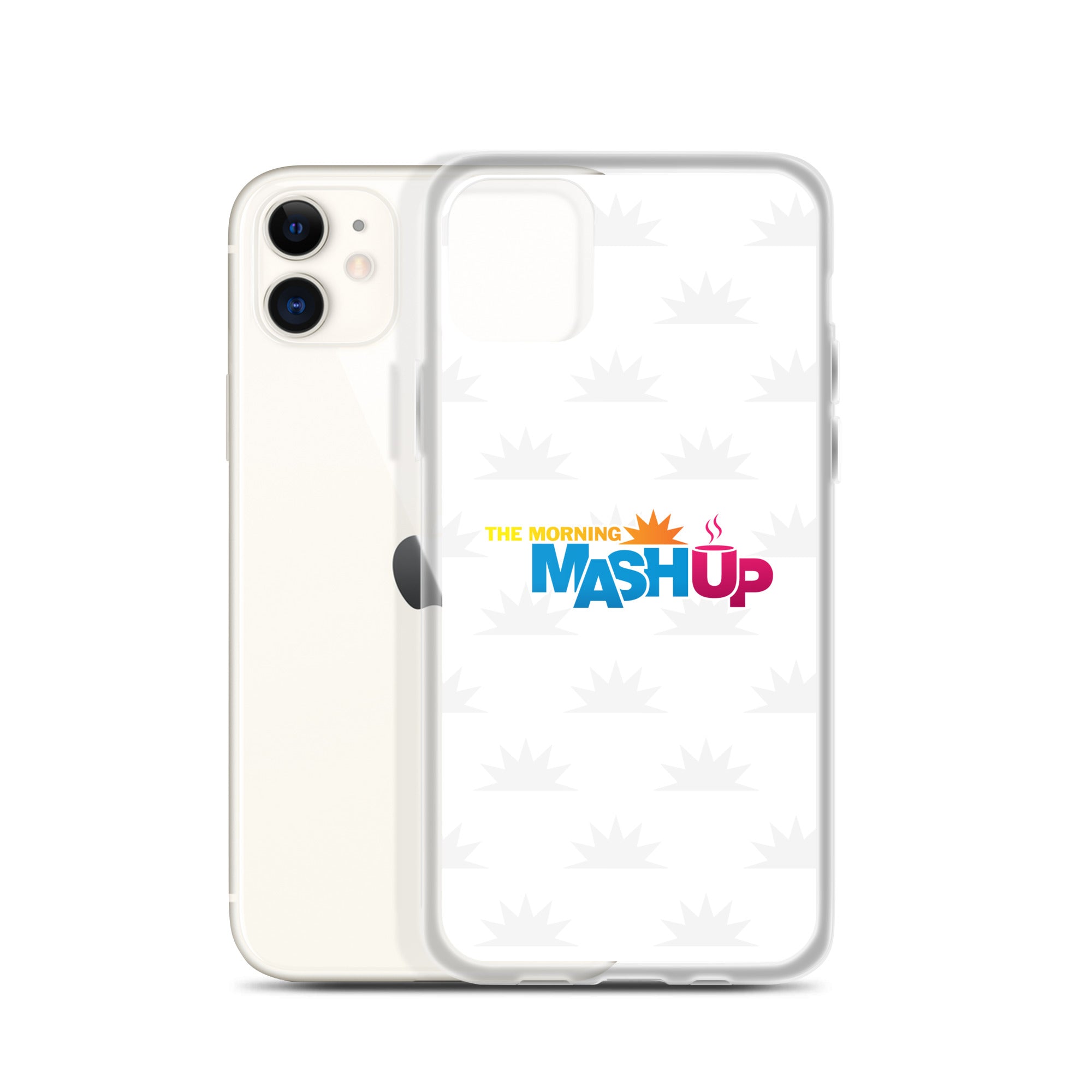 Image of a phone case featuring the words 'THE MORNING MASH UP' in yellow, blue, and pink text on a white background with a subtle sunburst pattern.