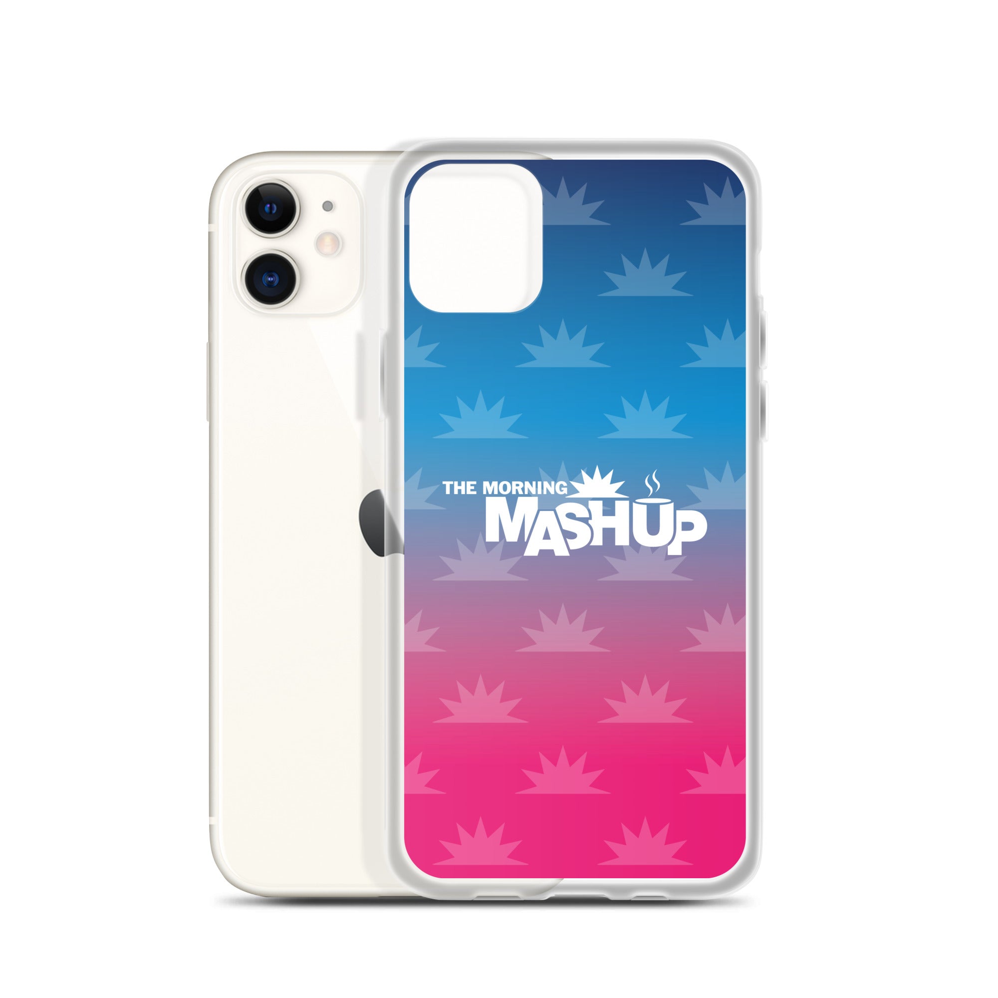 Clear phone case with a gradient background transitioning from blue to pink, featuring the text 'THE MORNING MASHUP' in bold white letters and starburst patterns in lighter shades.