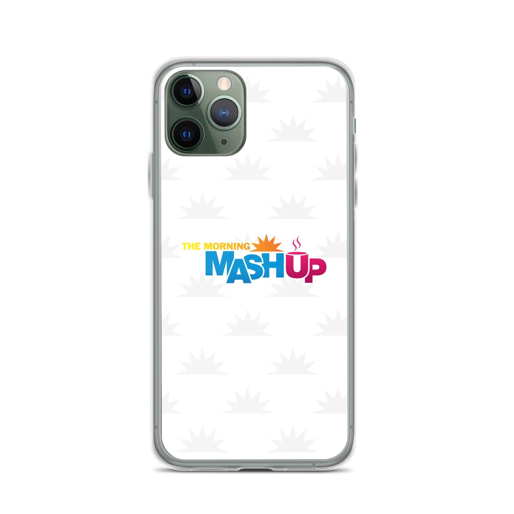 Image of a phone case featuring the words 'THE MORNING MASH UP' in yellow, blue, and pink text on a white background with a subtle sunburst pattern.