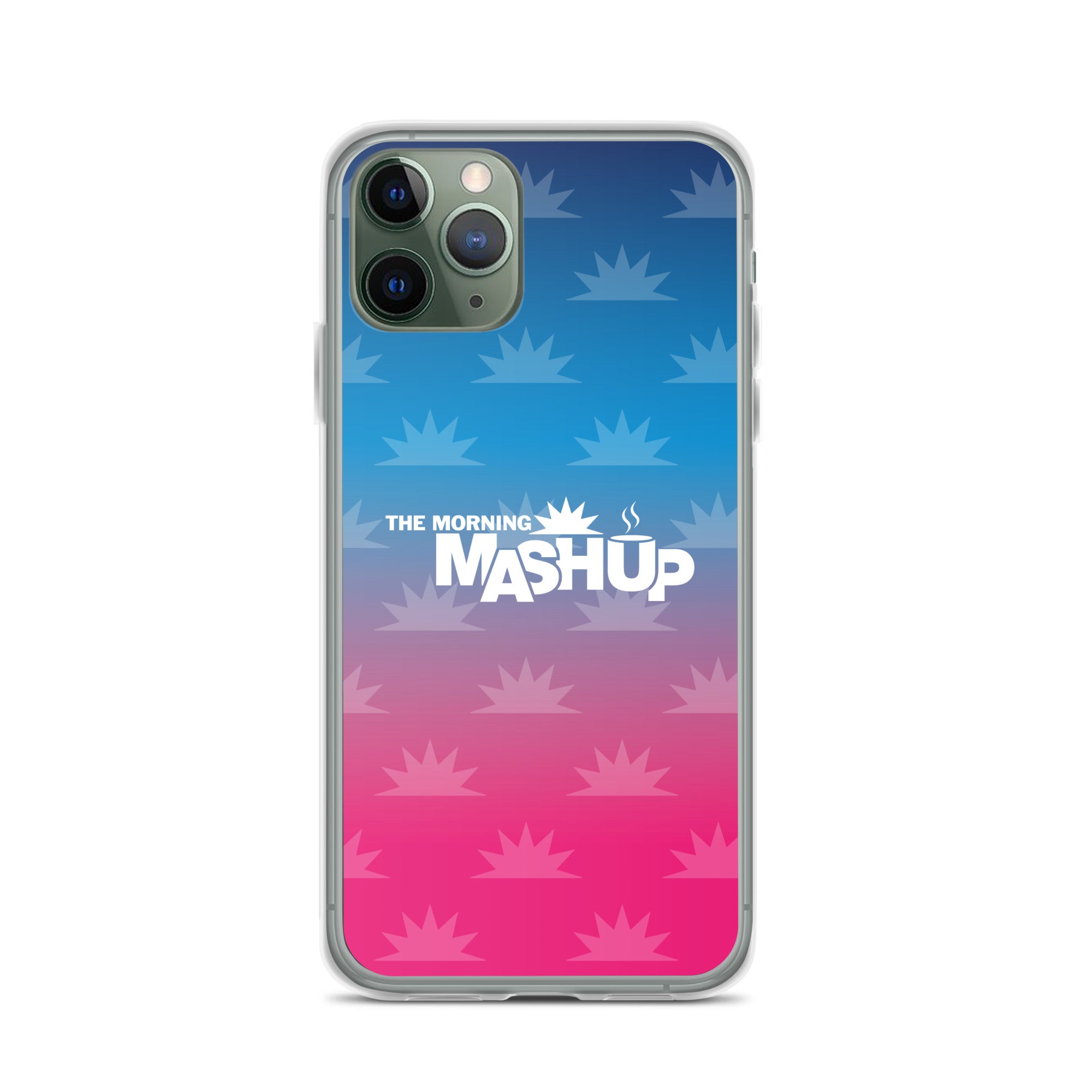 Clear phone case with a gradient background transitioning from blue to pink, featuring the text 'THE MORNING MASHUP' in bold white letters and starburst patterns in lighter shades.