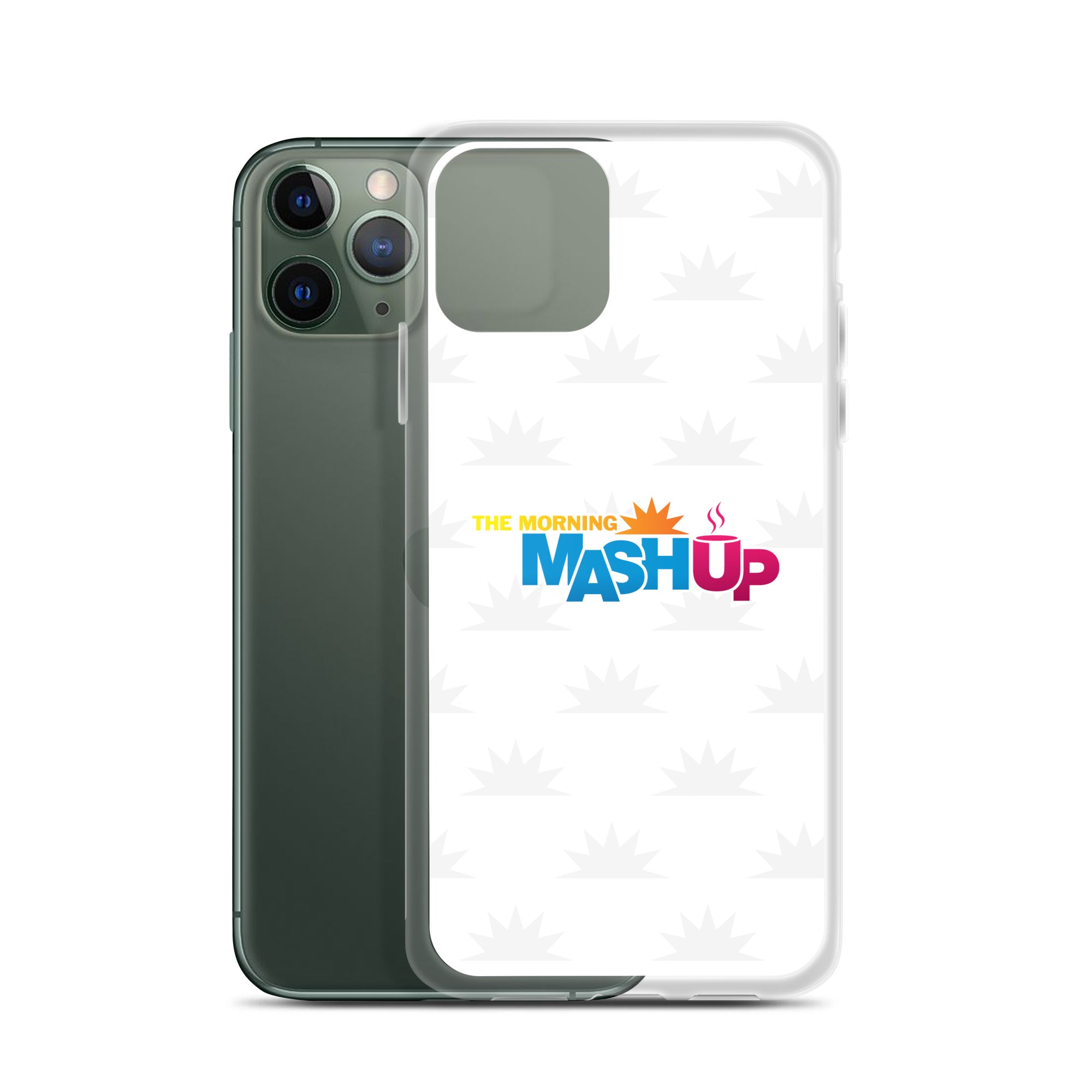 Image of a phone case featuring the words 'THE MORNING MASH UP' in yellow, blue, and pink text on a white background with a subtle sunburst pattern.