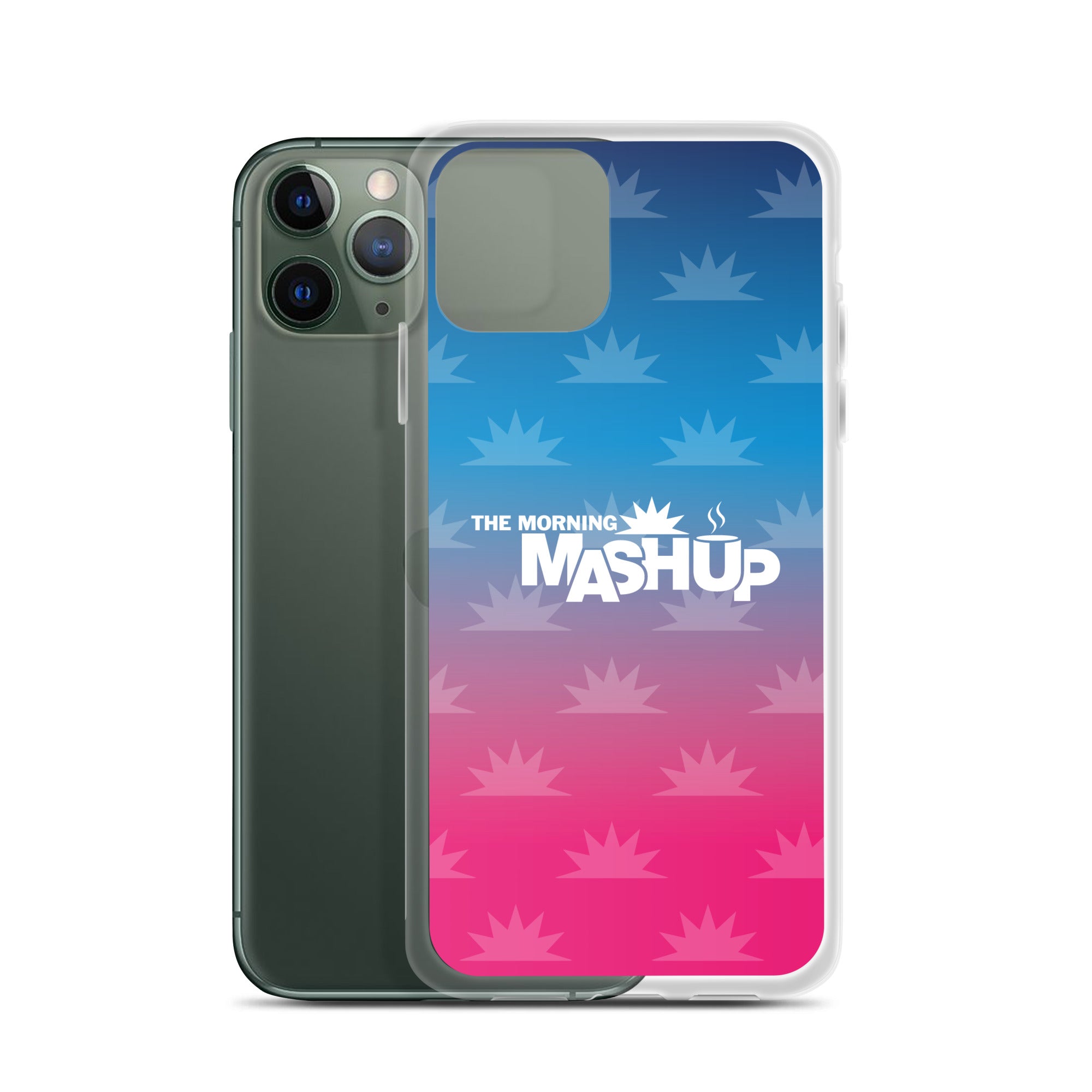 Clear phone case with a gradient background transitioning from blue to pink, featuring the text 'THE MORNING MASHUP' in bold white letters and starburst patterns in lighter shades.