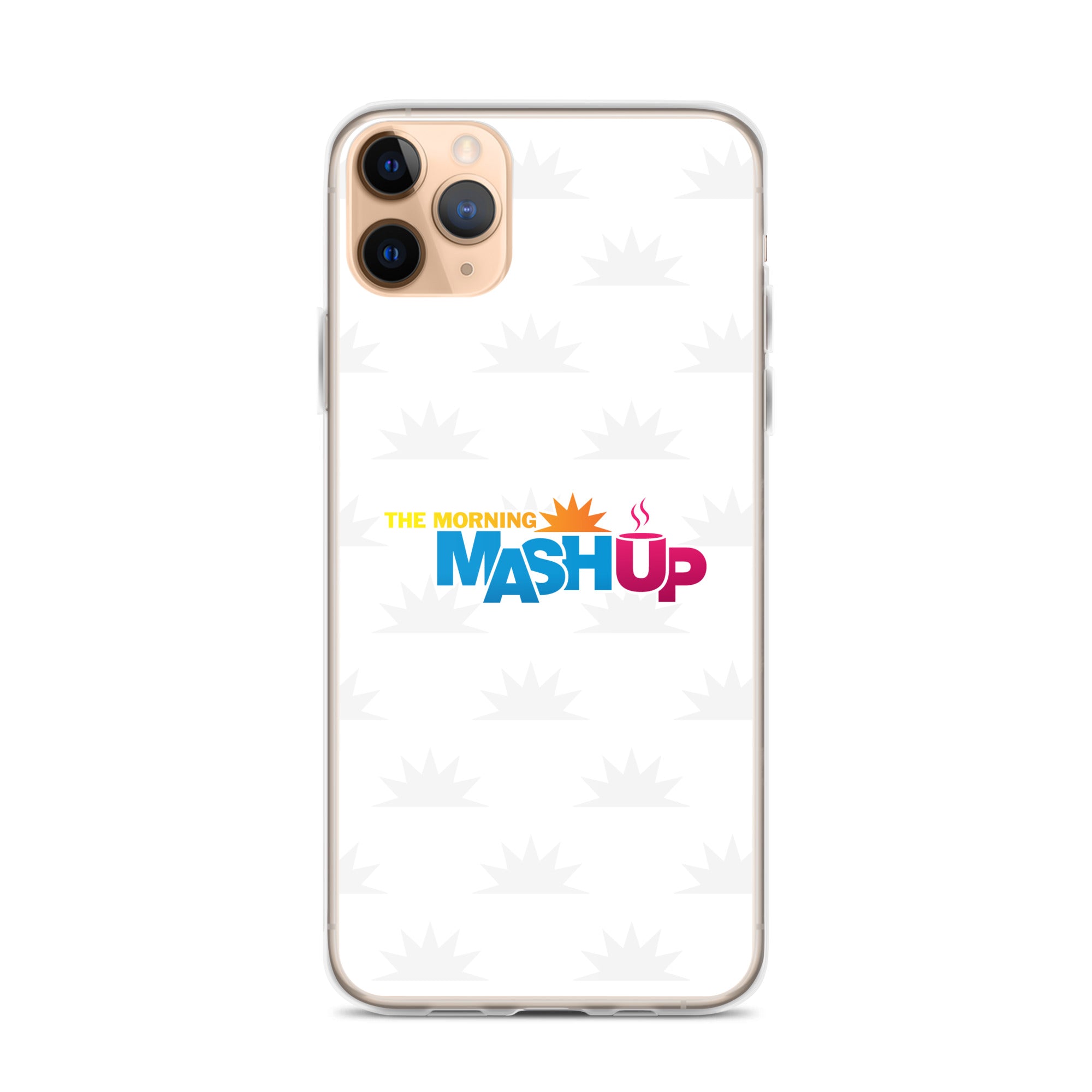 Image of a phone case featuring the words 'THE MORNING MASH UP' in yellow, blue, and pink text on a white background with a subtle sunburst pattern.