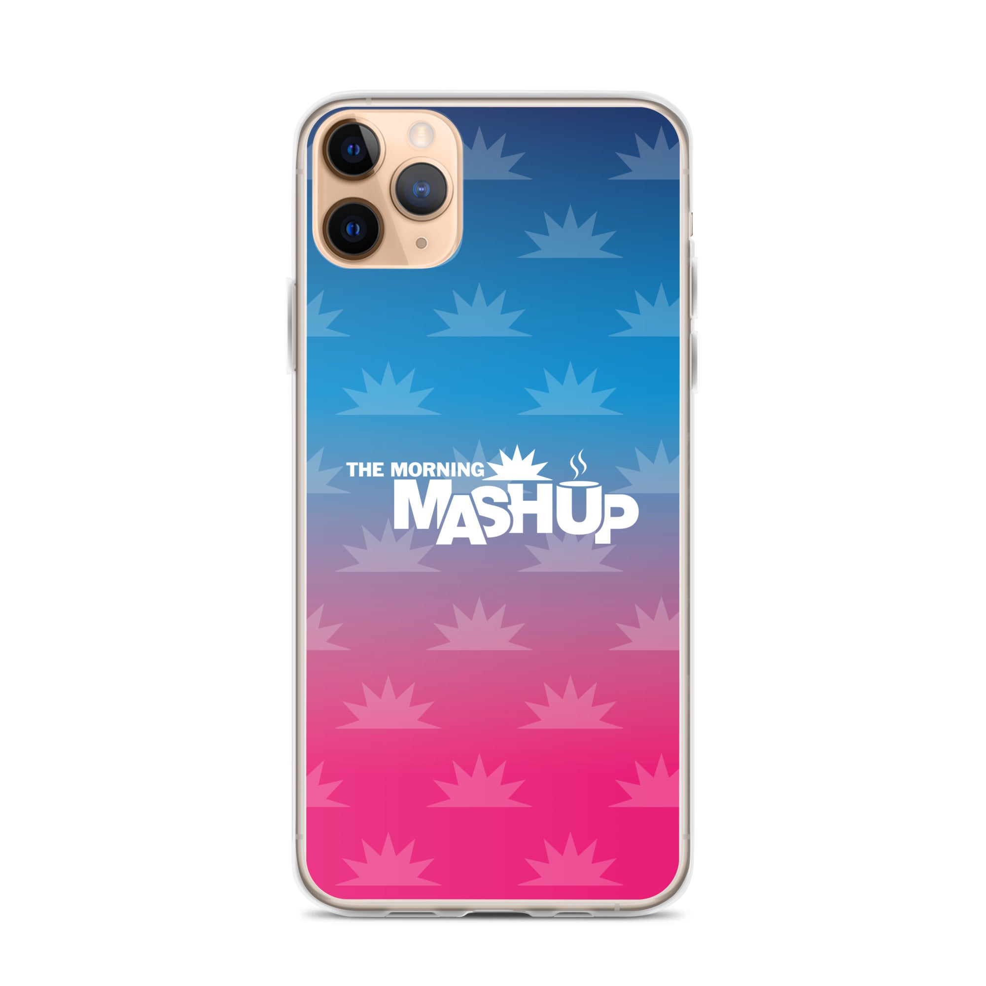 Clear phone case with a gradient background transitioning from blue to pink, featuring the text 'THE MORNING MASHUP' in bold white letters and starburst patterns in lighter shades.