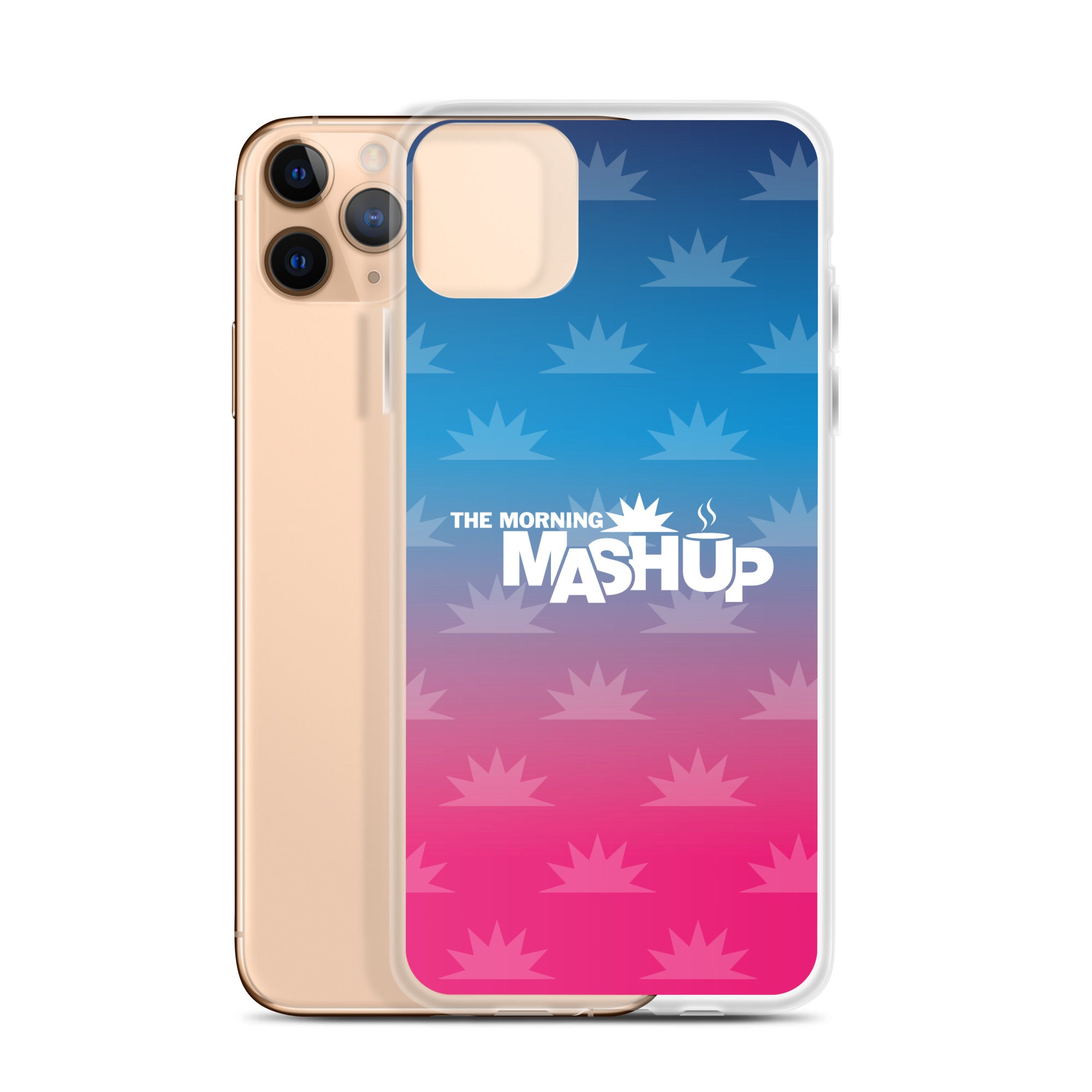 Clear phone case with a gradient background transitioning from blue to pink, featuring the text 'THE MORNING MASHUP' in bold white letters and starburst patterns in lighter shades.