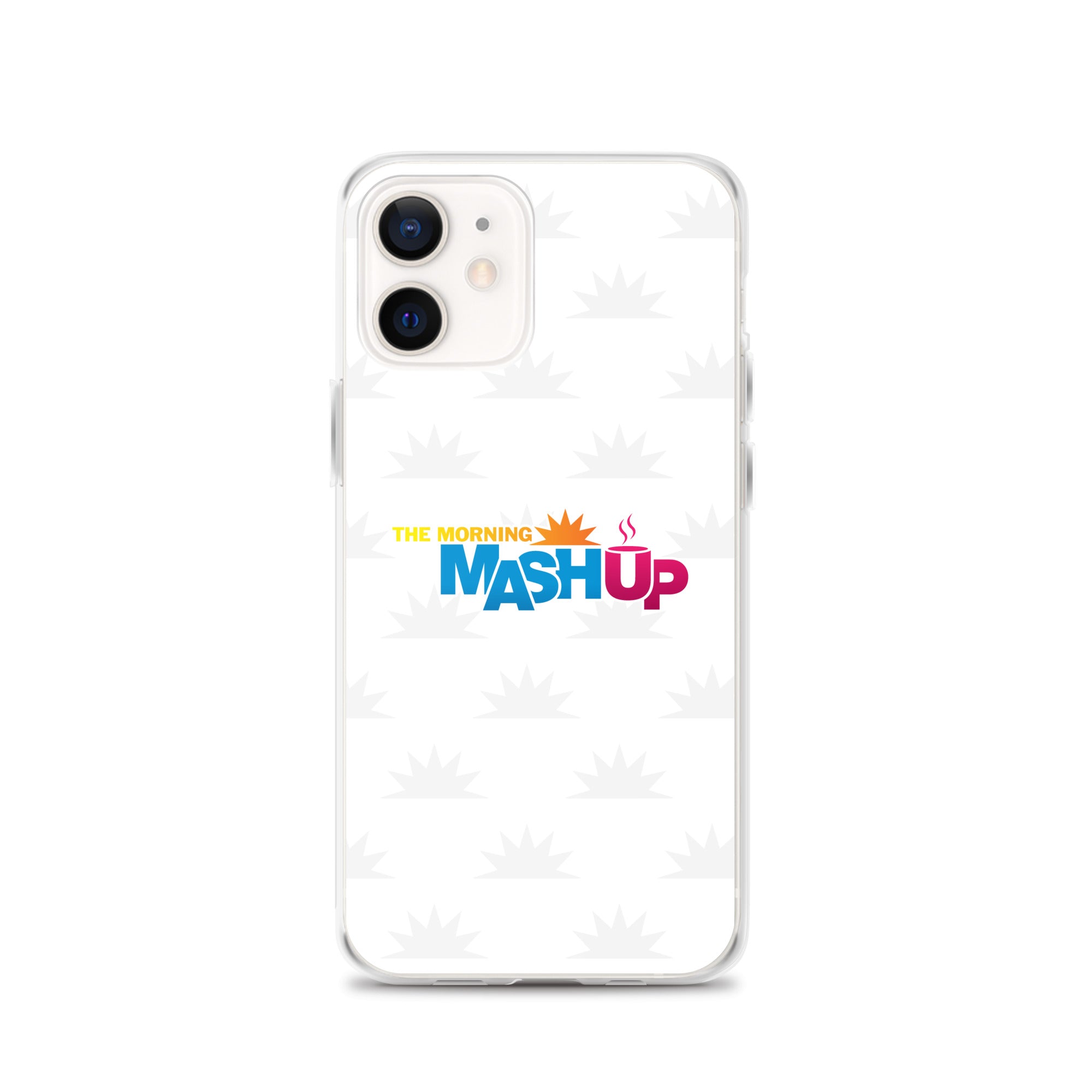 Image of a phone case featuring the words 'THE MORNING MASH UP' in yellow, blue, and pink text on a white background with a subtle sunburst pattern.