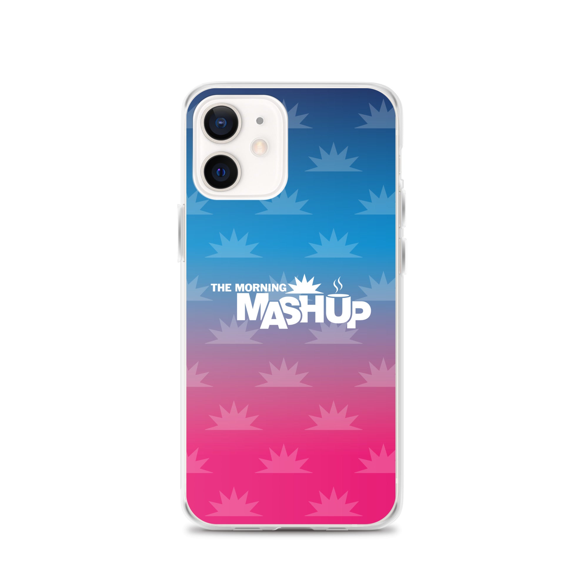 Clear phone case with a gradient background transitioning from blue to pink, featuring the text 'THE MORNING MASHUP' in bold white letters and starburst patterns in lighter shades.