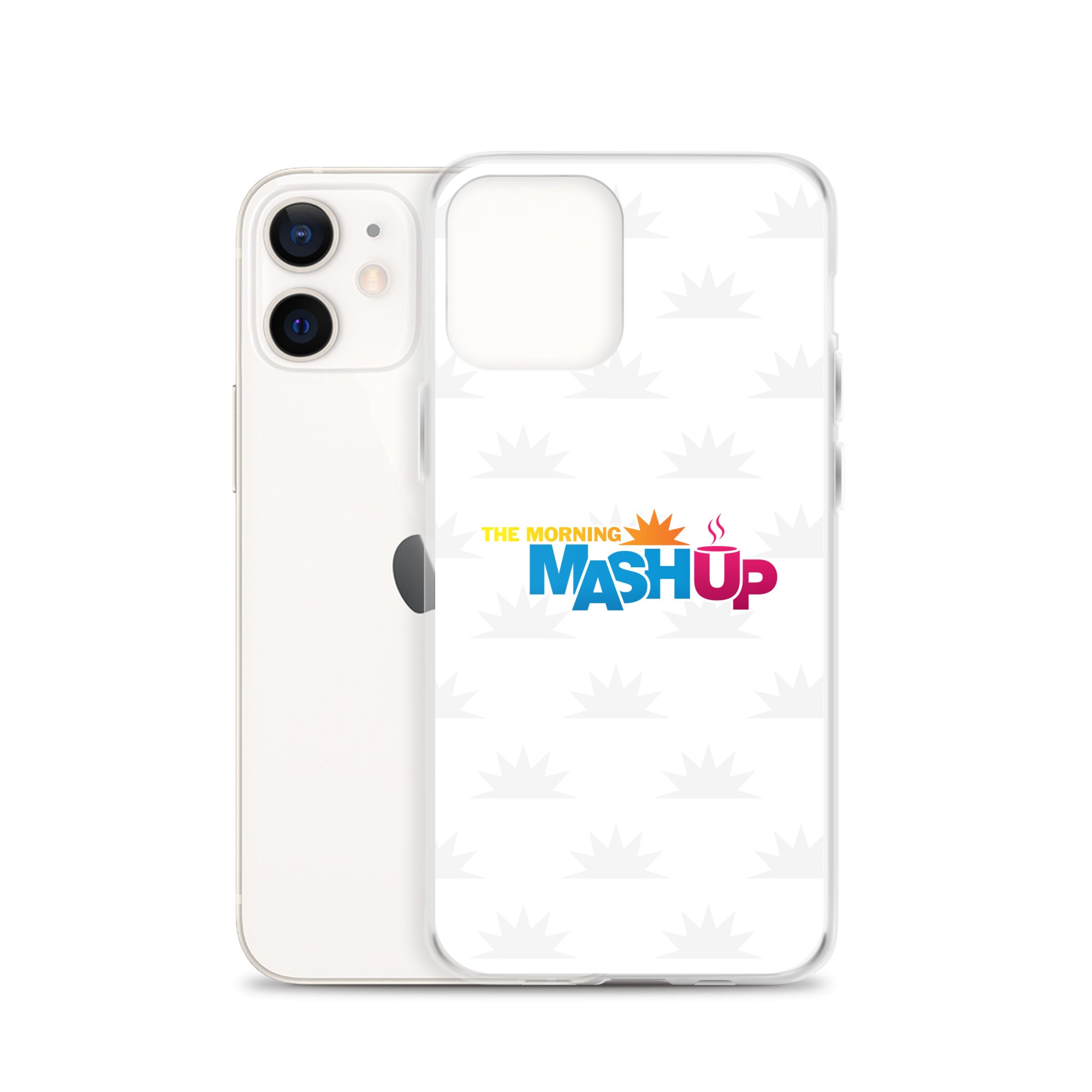 Image of a phone case featuring the words 'THE MORNING MASH UP' in yellow, blue, and pink text on a white background with a subtle sunburst pattern.