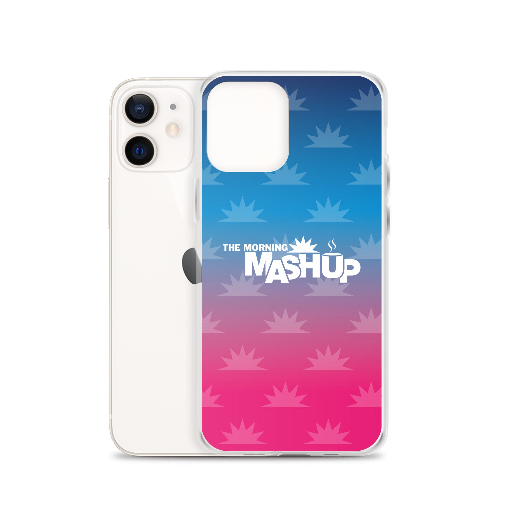 Clear phone case with a gradient background transitioning from blue to pink, featuring the text 'THE MORNING MASHUP' in bold white letters and starburst patterns in lighter shades.