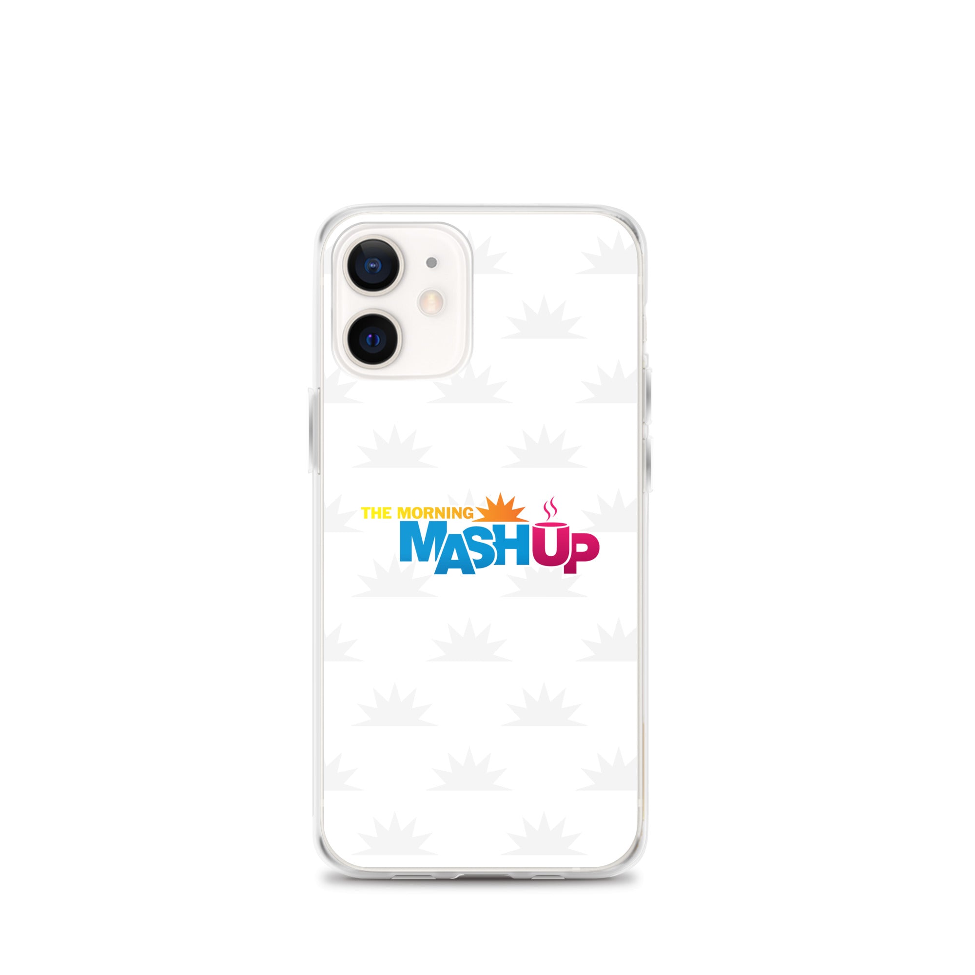 Image of a phone case featuring the words 'THE MORNING MASH UP' in yellow, blue, and pink text on a white background with a subtle sunburst pattern.