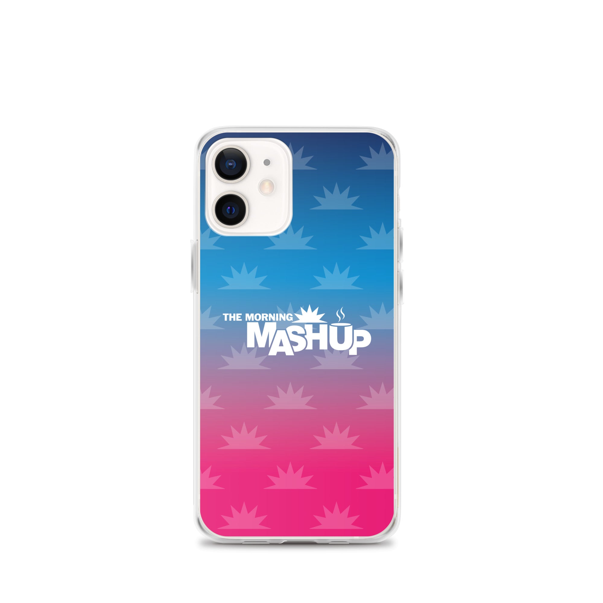 Clear phone case with a gradient background transitioning from blue to pink, featuring the text 'THE MORNING MASHUP' in bold white letters and starburst patterns in lighter shades.