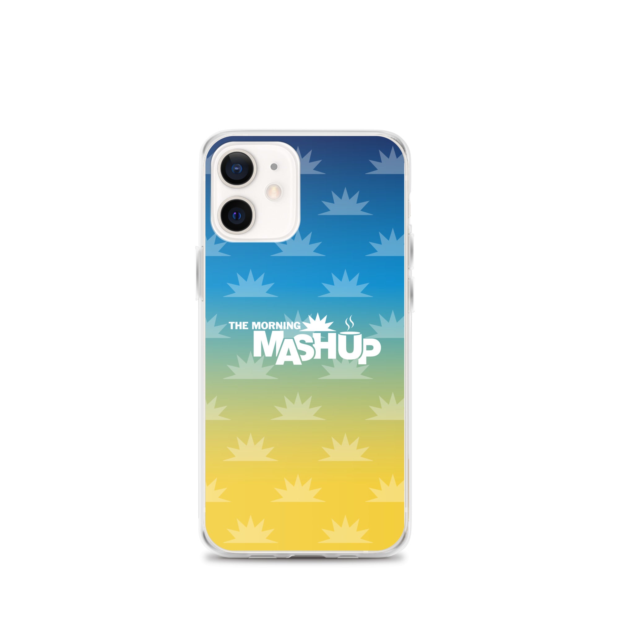 Phone case design featuring a gradient background with blue and yellow hues and repeated starburst patterns, with the text 'THE MORNING MASHUP' prominently displayed in white.