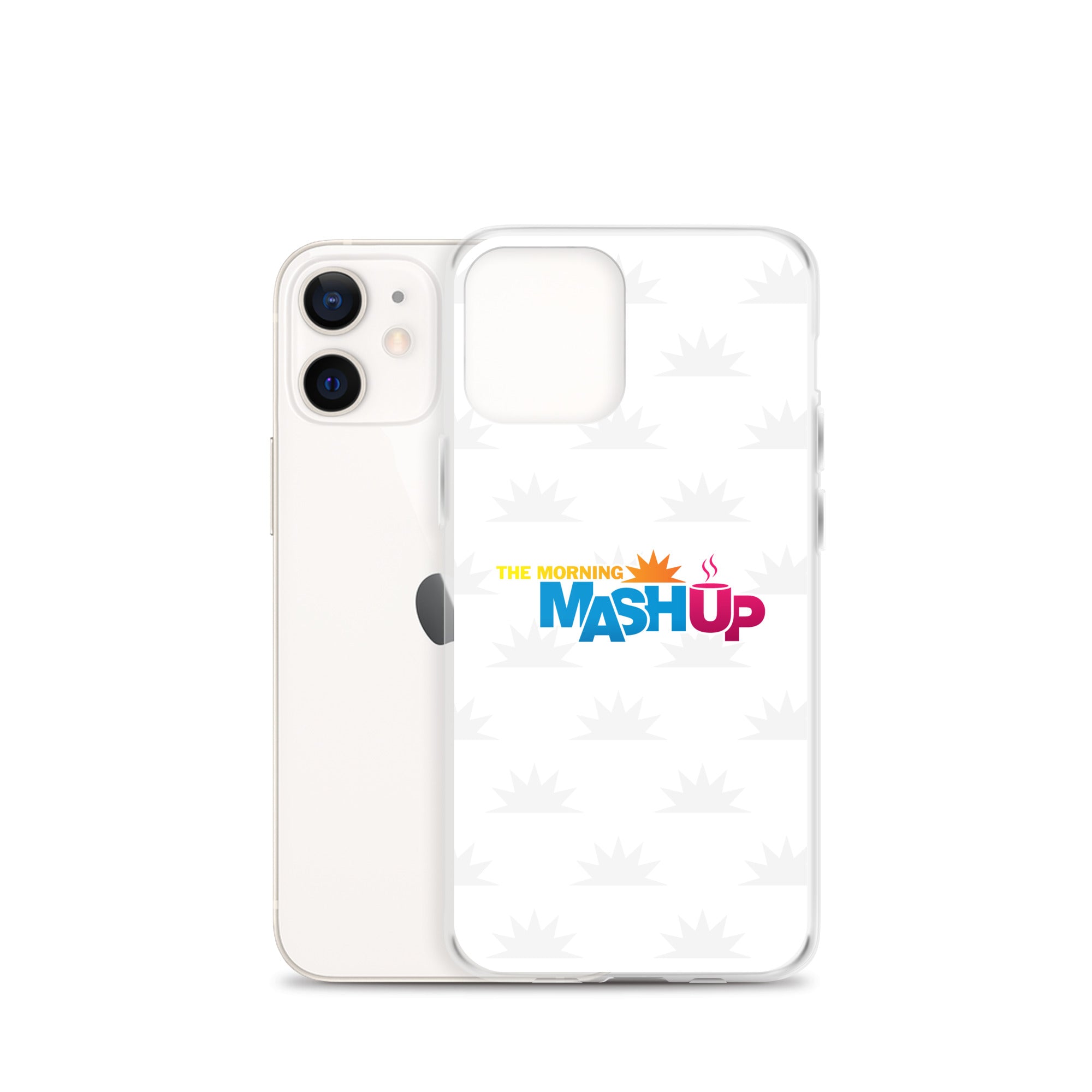 Image of a phone case featuring the words 'THE MORNING MASH UP' in yellow, blue, and pink text on a white background with a subtle sunburst pattern.