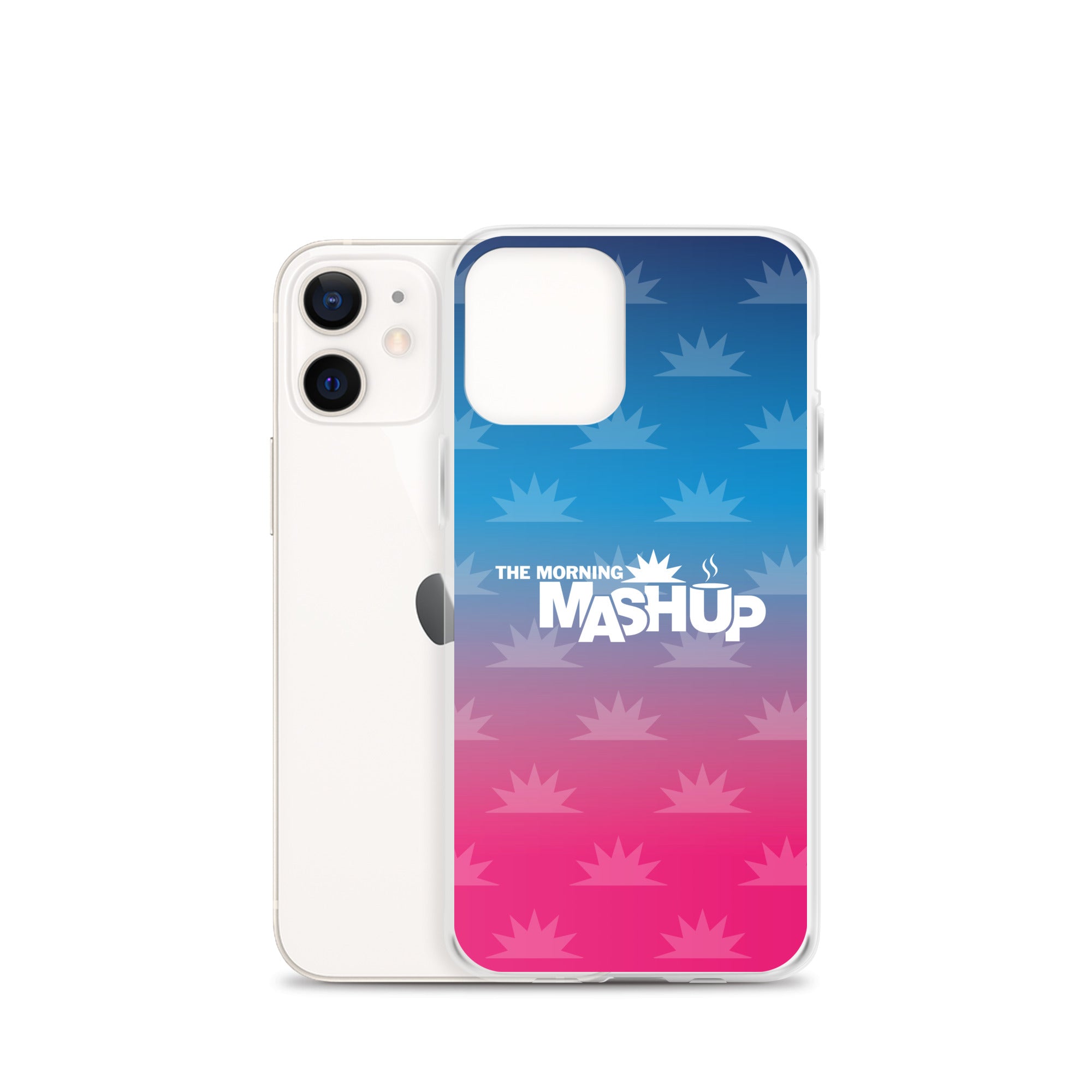 Clear phone case with a gradient background transitioning from blue to pink, featuring the text 'THE MORNING MASHUP' in bold white letters and starburst patterns in lighter shades.