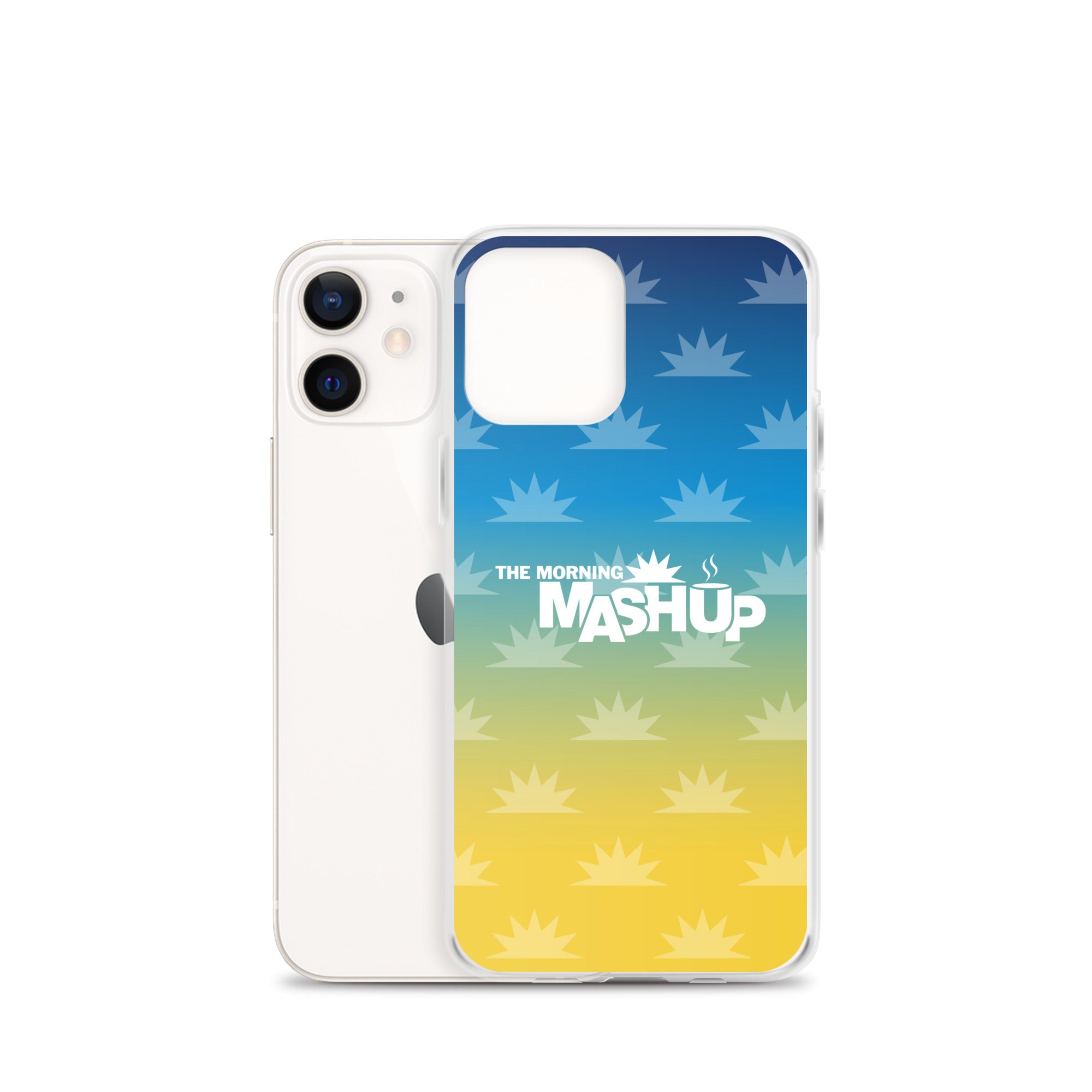 Phone case design featuring a gradient background with blue and yellow hues and repeated starburst patterns, with the text 'THE MORNING MASHUP' prominently displayed in white.
