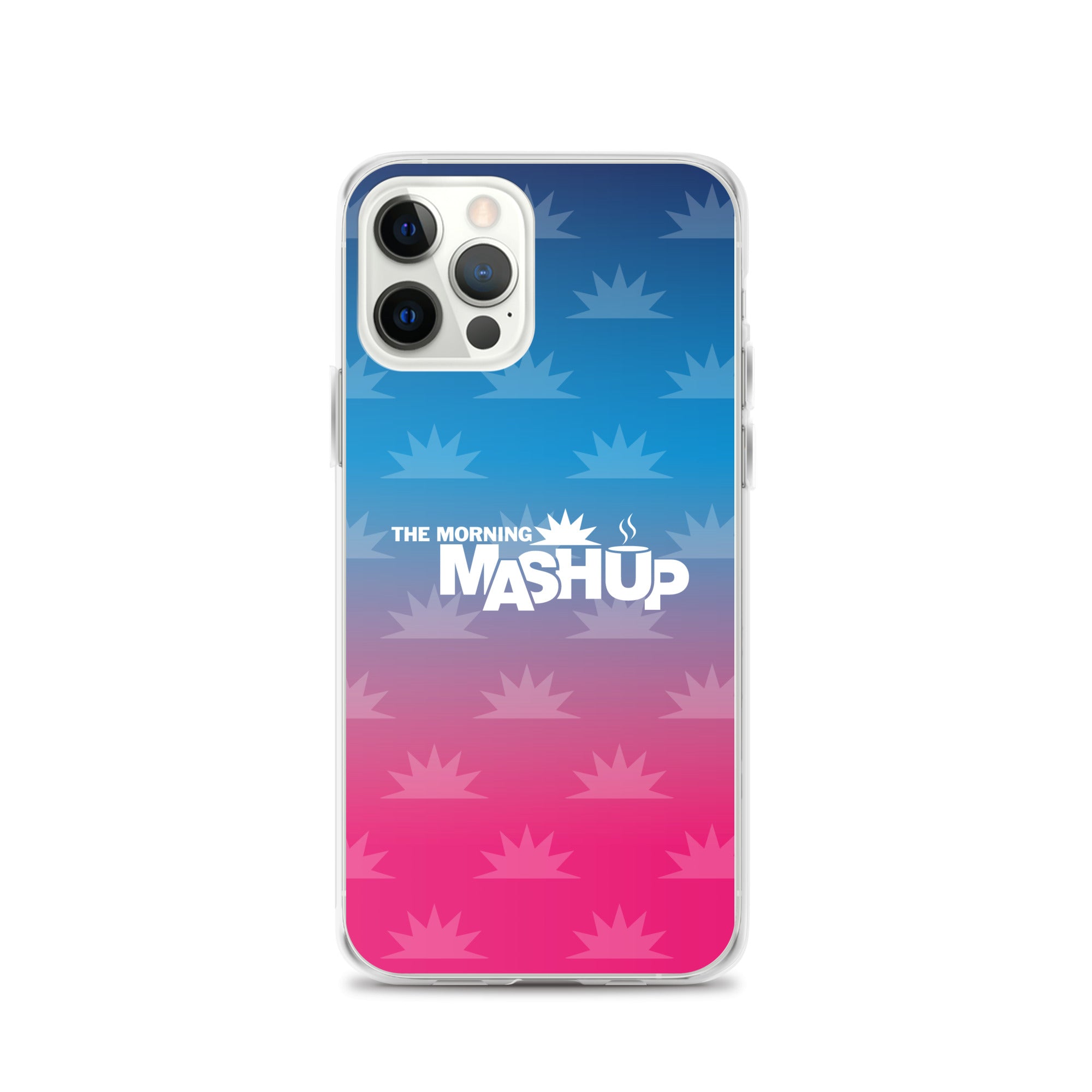 Clear phone case with a gradient background transitioning from blue to pink, featuring the text 'THE MORNING MASHUP' in bold white letters and starburst patterns in lighter shades.