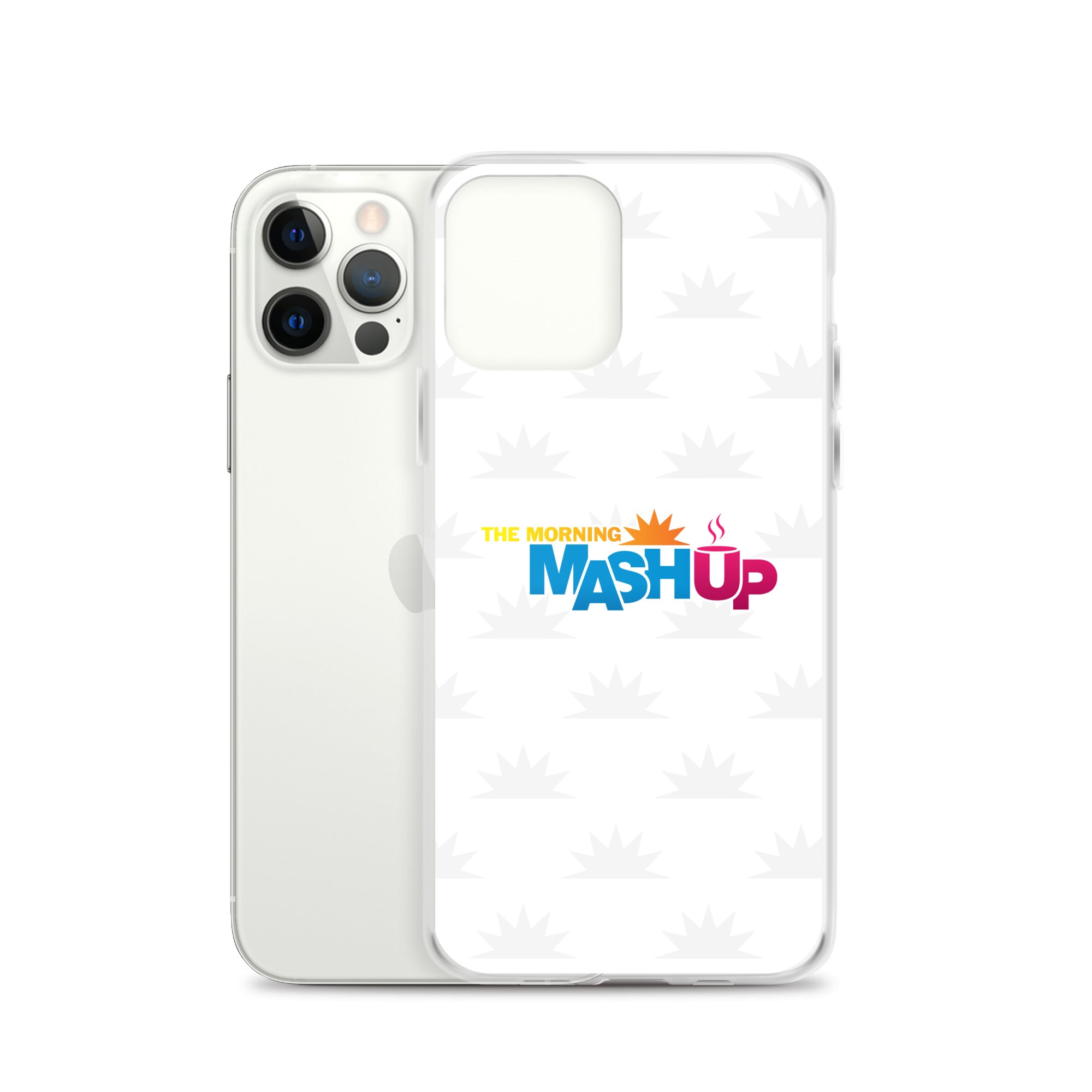 Image of a phone case featuring the words 'THE MORNING MASH UP' in yellow, blue, and pink text on a white background with a subtle sunburst pattern.