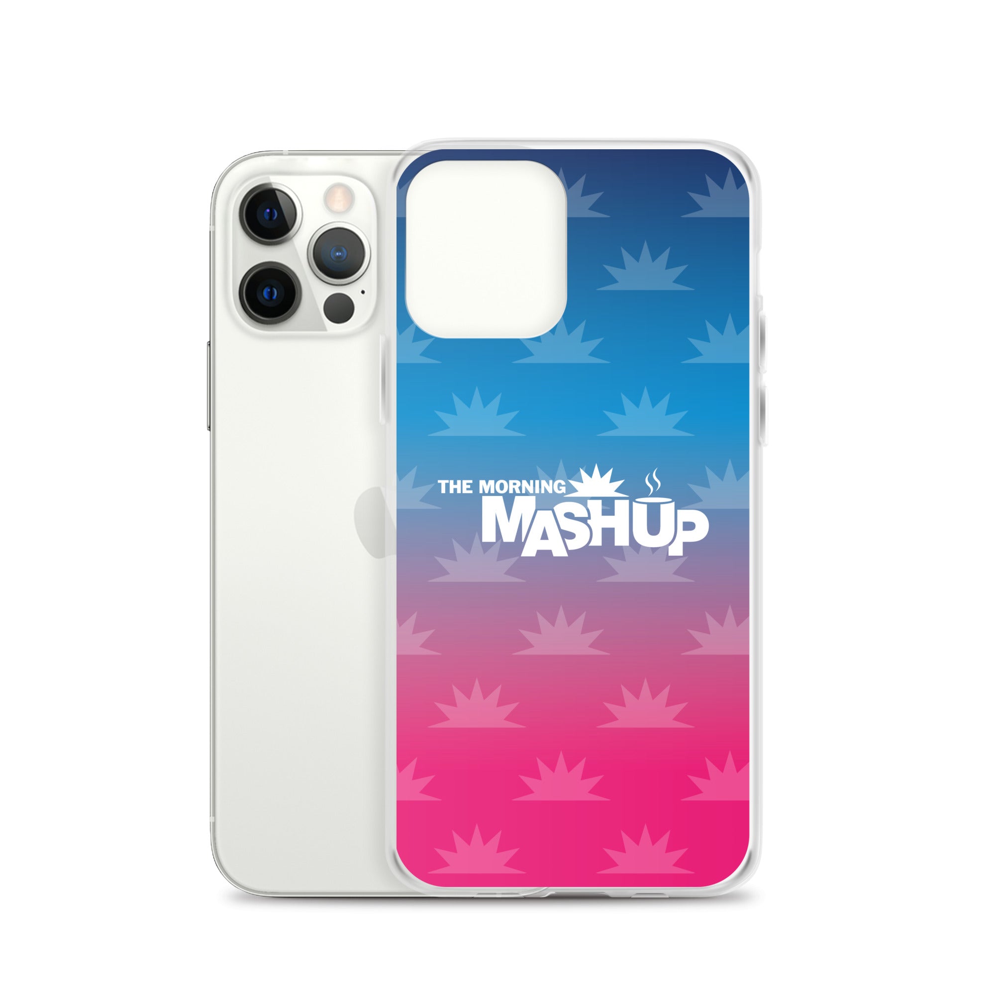 Clear phone case with a gradient background transitioning from blue to pink, featuring the text 'THE MORNING MASHUP' in bold white letters and starburst patterns in lighter shades.