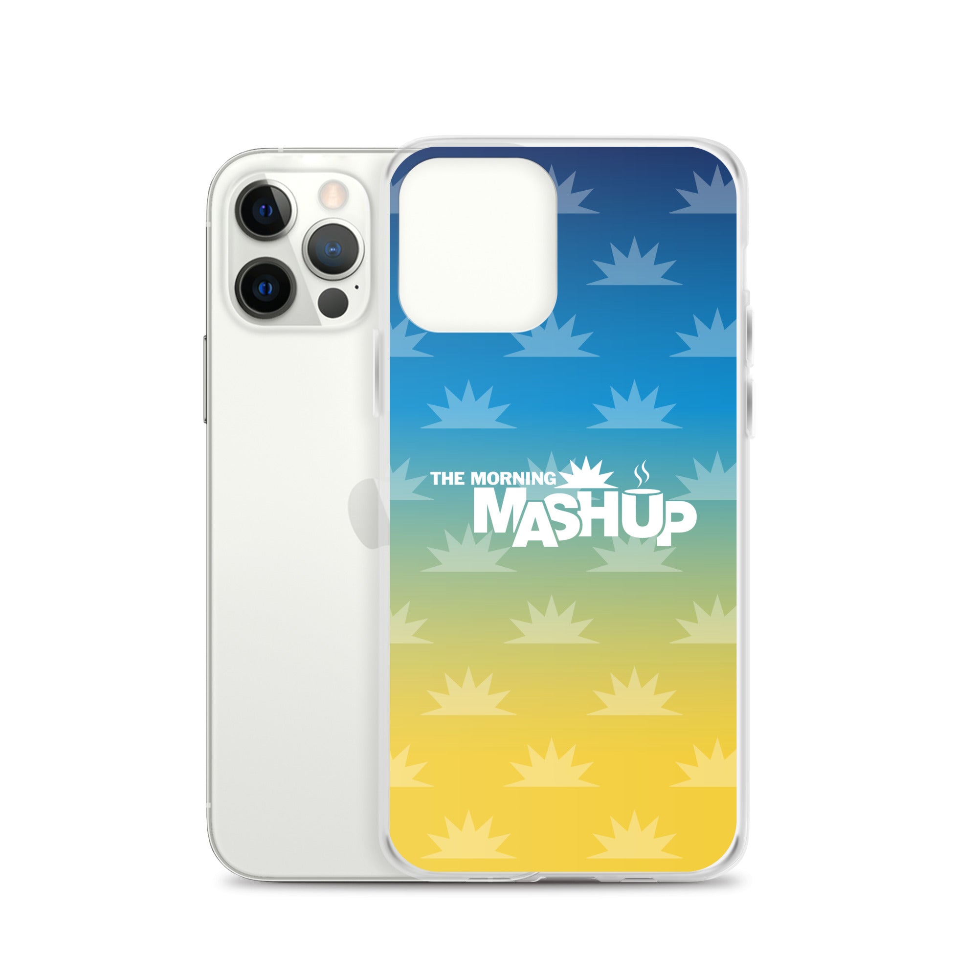 Phone case design featuring a gradient background with blue and yellow hues and repeated starburst patterns, with the text 'THE MORNING MASHUP' prominently displayed in white.
