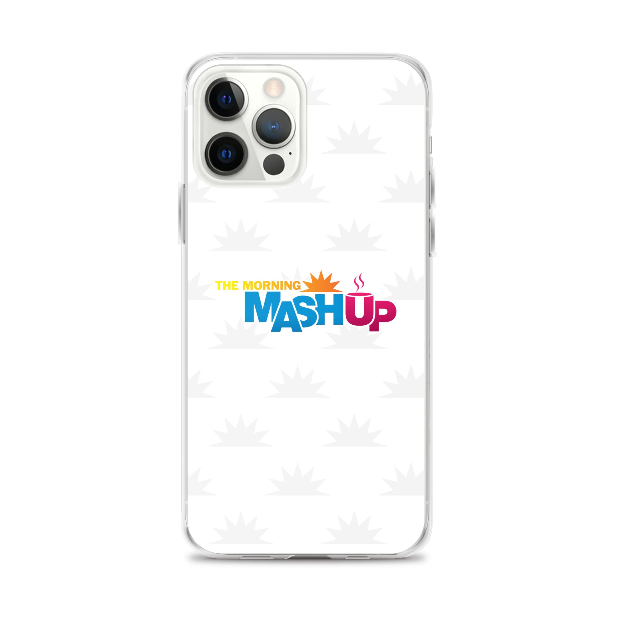 Image of a phone case featuring the words 'THE MORNING MASH UP' in yellow, blue, and pink text on a white background with a subtle sunburst pattern.