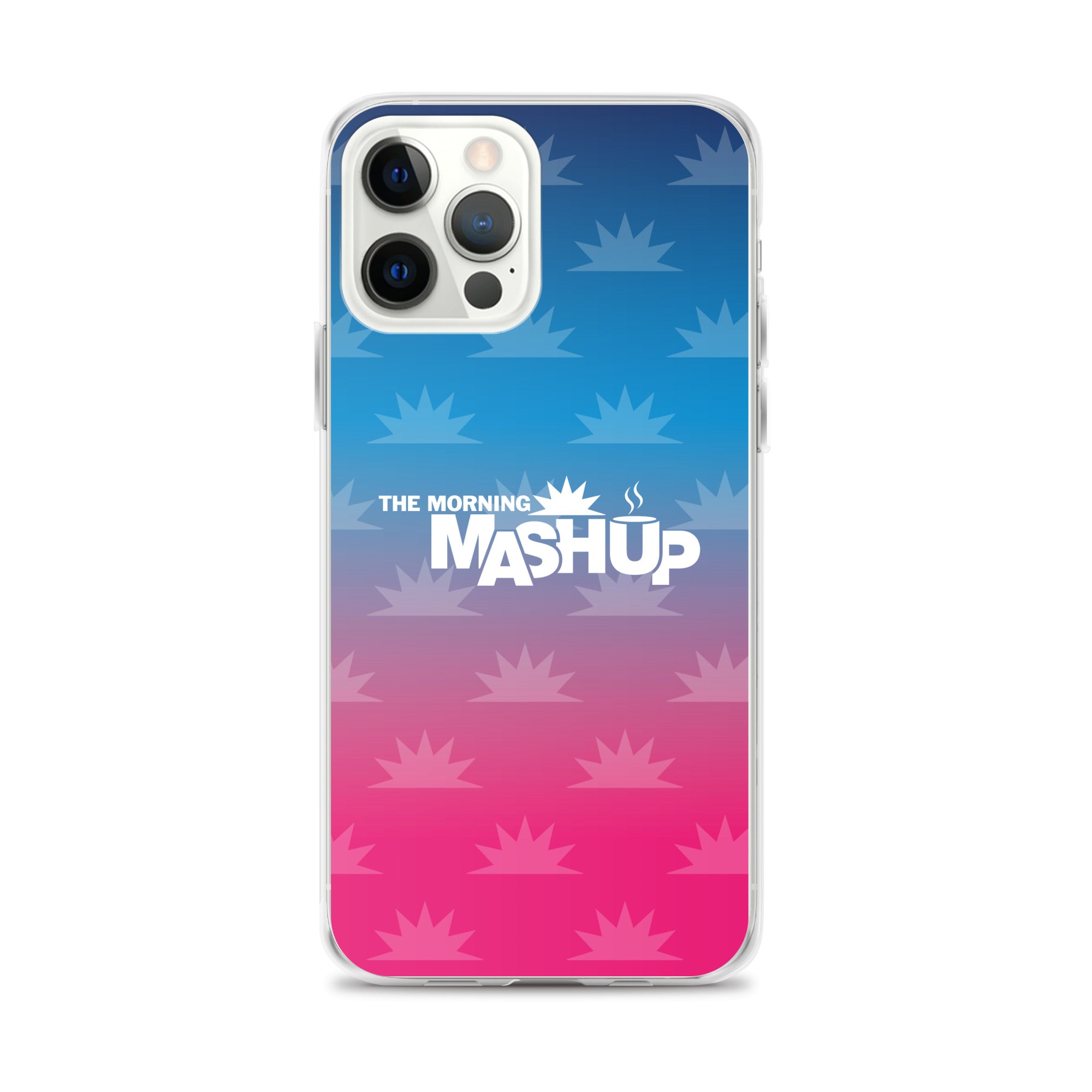 Clear phone case with a gradient background transitioning from blue to pink, featuring the text 'THE MORNING MASHUP' in bold white letters and starburst patterns in lighter shades.