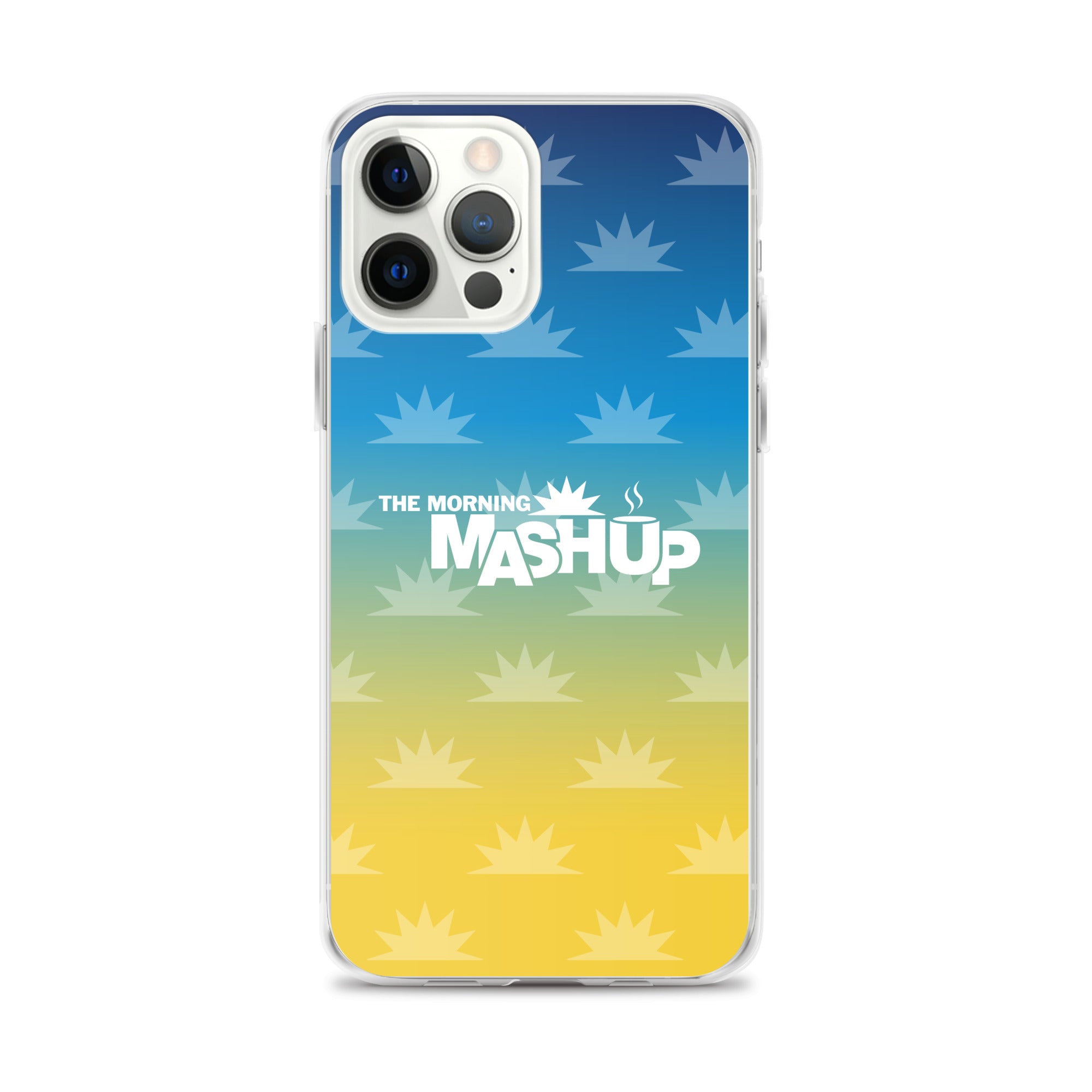 Phone case design featuring a gradient background with blue and yellow hues and repeated starburst patterns, with the text 'THE MORNING MASHUP' prominently displayed in white.