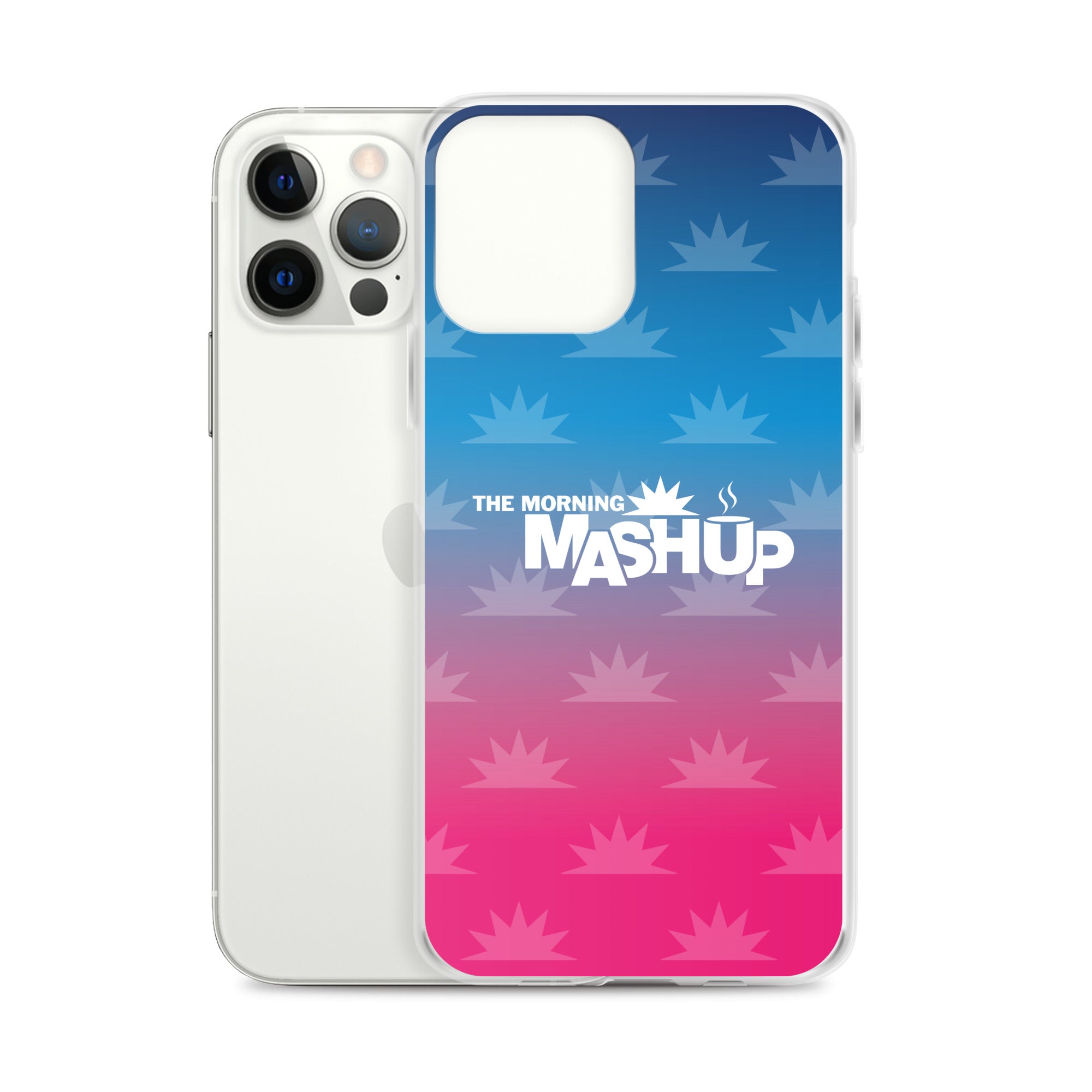 Clear phone case with a gradient background transitioning from blue to pink, featuring the text 'THE MORNING MASHUP' in bold white letters and starburst patterns in lighter shades.