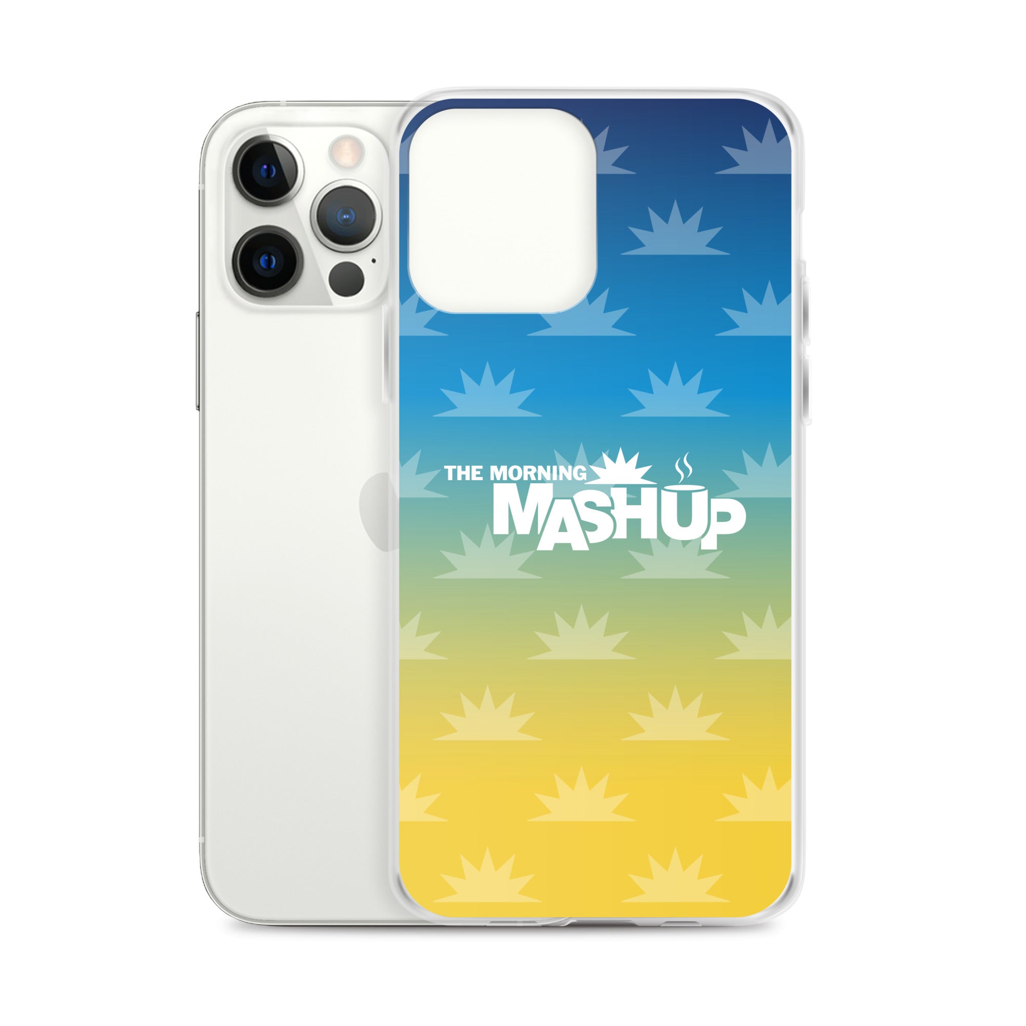 Phone case design featuring a gradient background with blue and yellow hues and repeated starburst patterns, with the text 'THE MORNING MASHUP' prominently displayed in white.