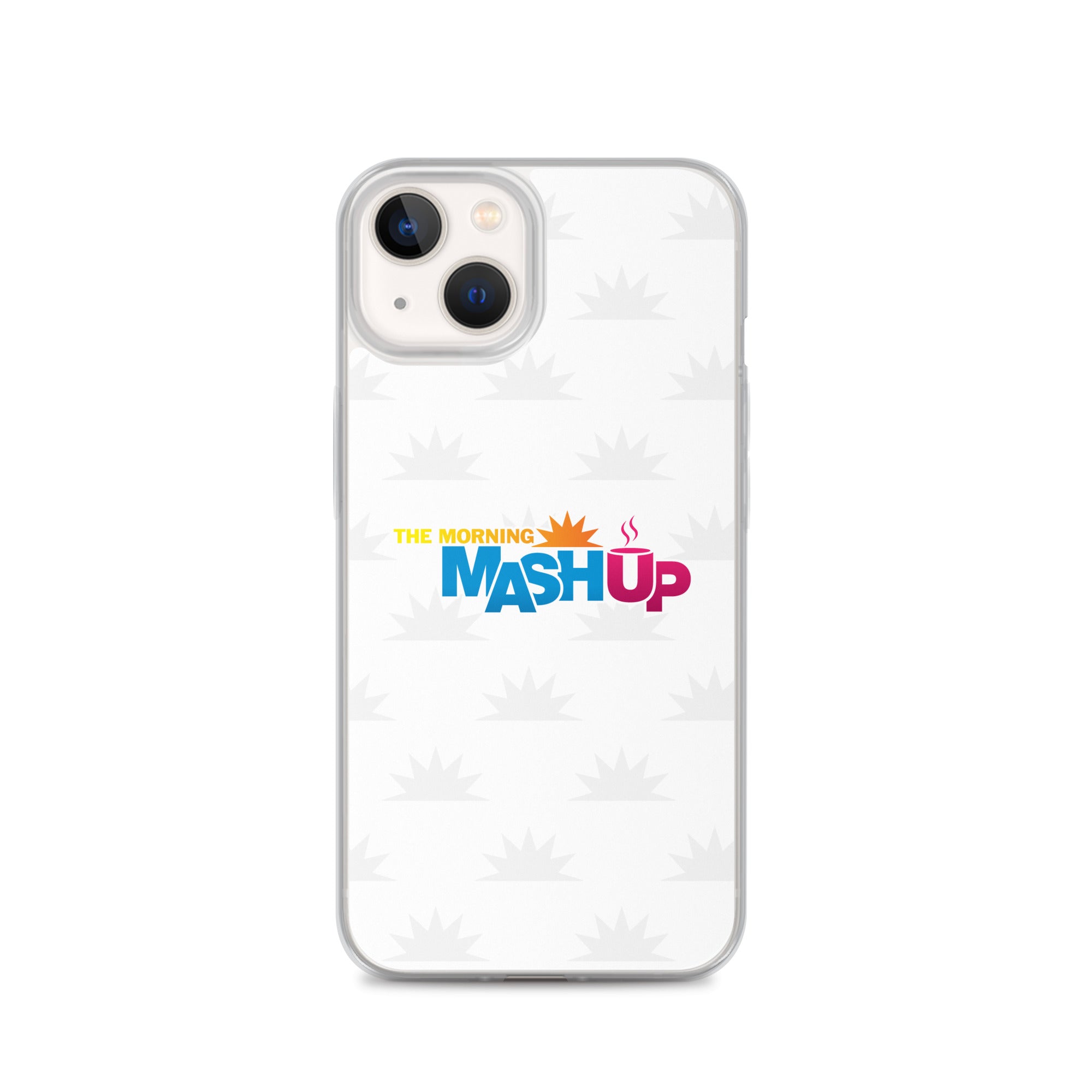 Image of a phone case featuring the words 'THE MORNING MASH UP' in yellow, blue, and pink text on a white background with a subtle sunburst pattern.