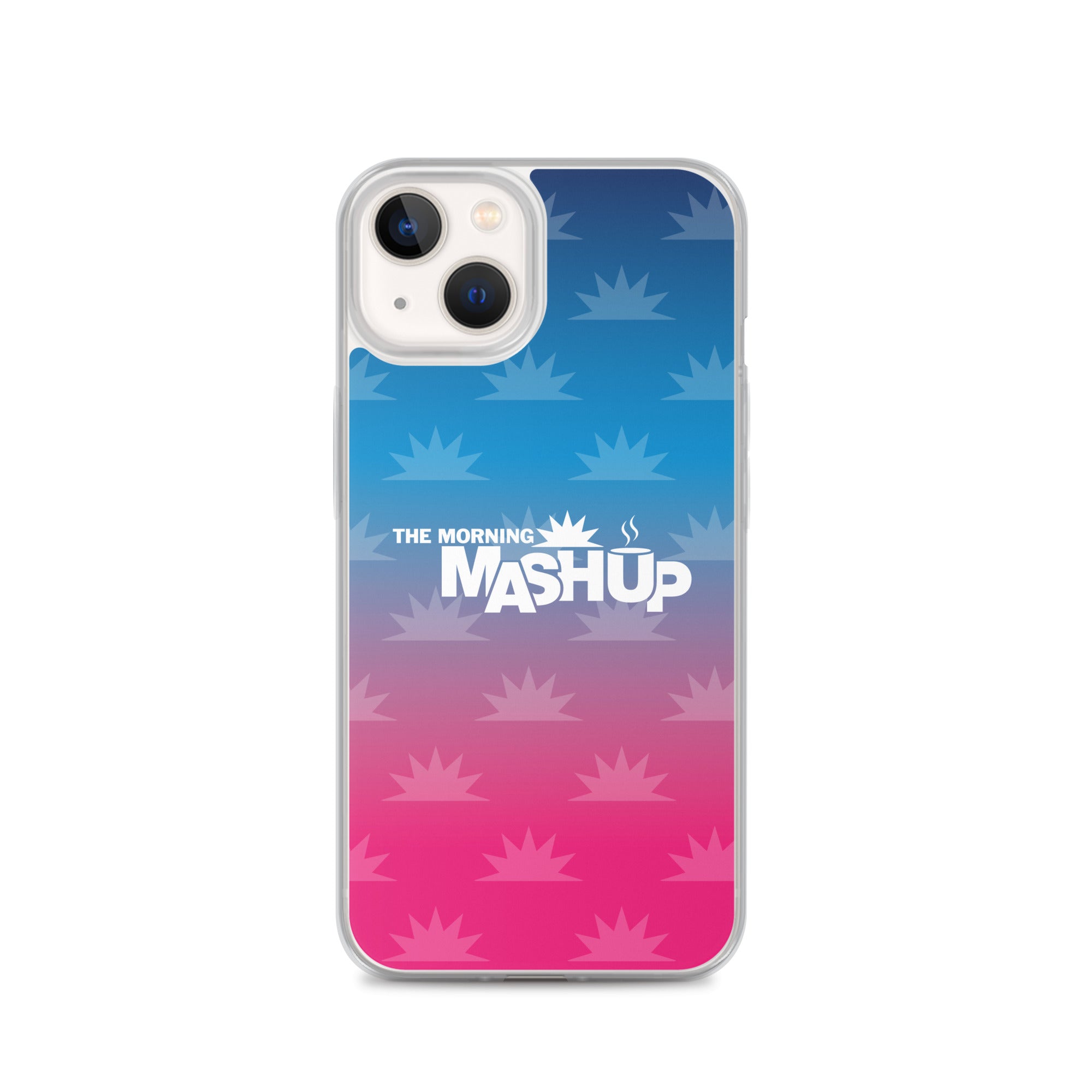 Clear phone case with a gradient background transitioning from blue to pink, featuring the text 'THE MORNING MASHUP' in bold white letters and starburst patterns in lighter shades.