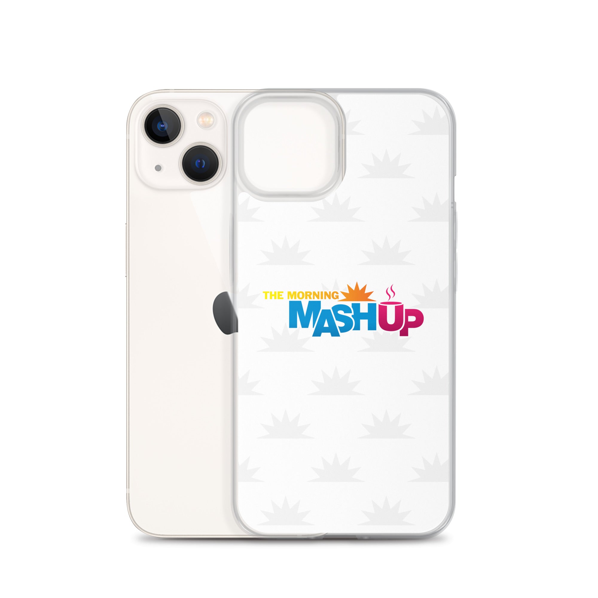 Image of a phone case featuring the words 'THE MORNING MASH UP' in yellow, blue, and pink text on a white background with a subtle sunburst pattern.