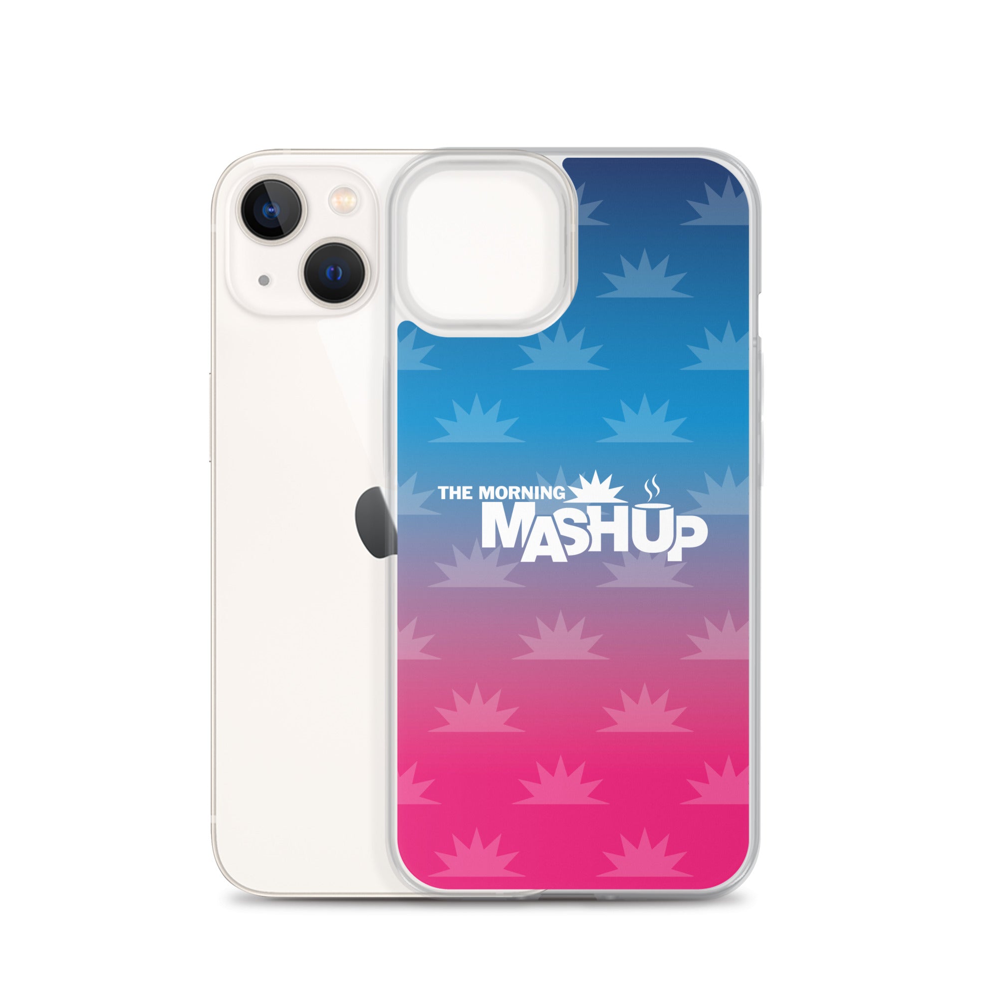 Clear phone case with a gradient background transitioning from blue to pink, featuring the text 'THE MORNING MASHUP' in bold white letters and starburst patterns in lighter shades.\