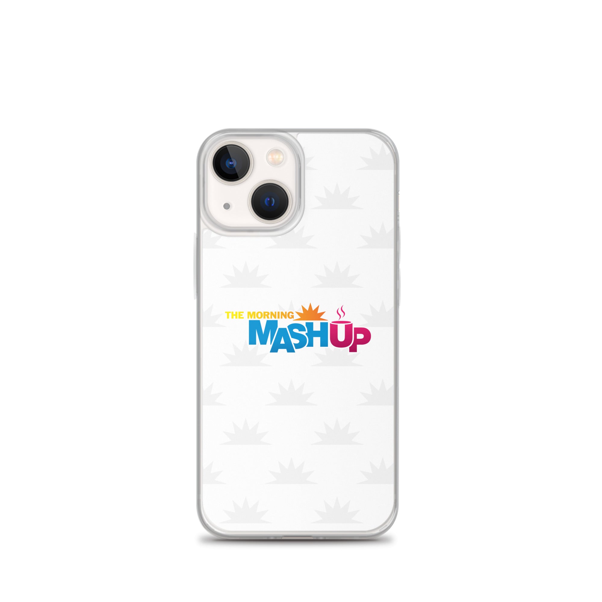 Image of a phone case featuring the words 'THE MORNING MASH UP' in yellow, blue, and pink text on a white background with a subtle sunburst pattern.