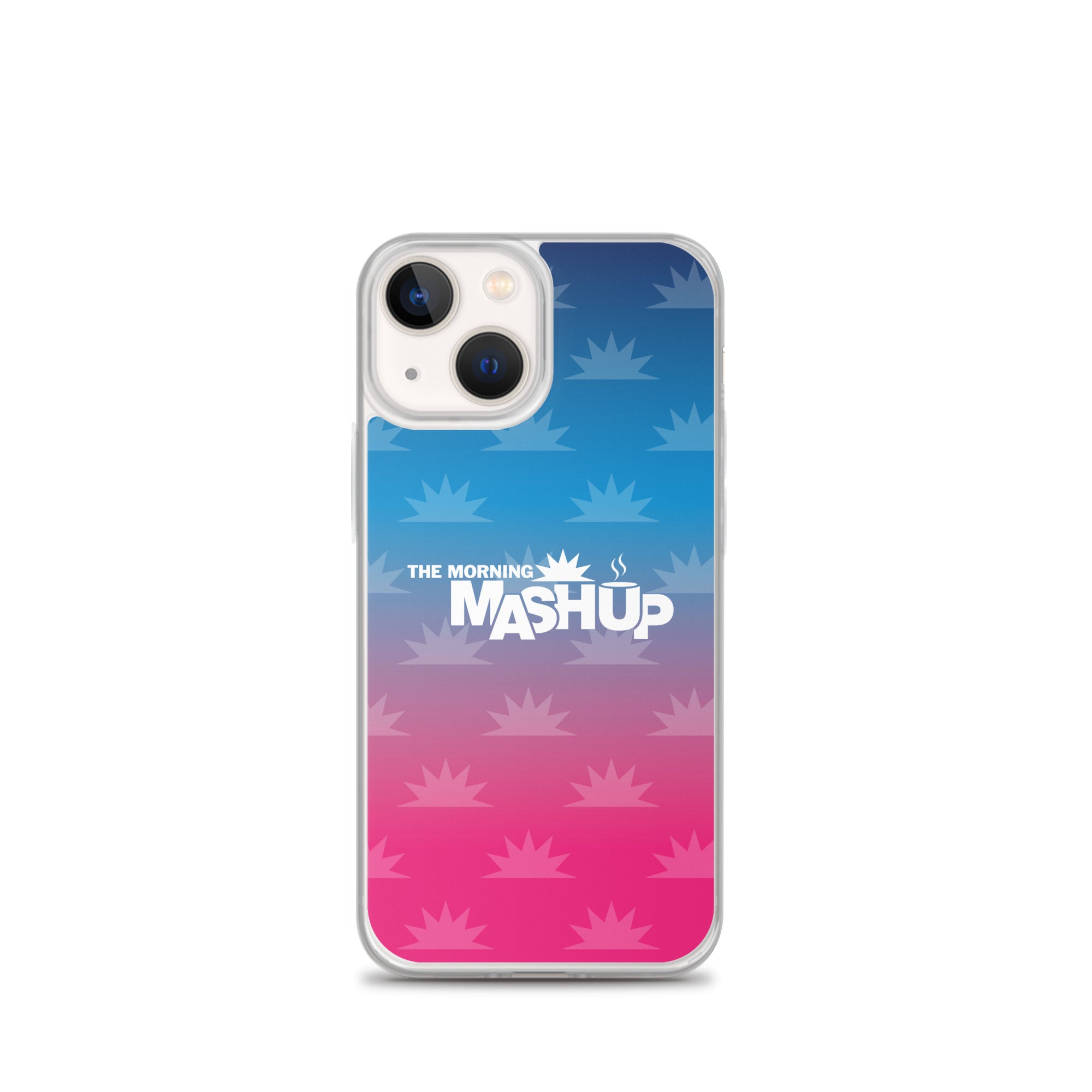 Clear phone case with a gradient background transitioning from blue to pink, featuring the text 'THE MORNING MASHUP' in bold white letters and starburst patterns in lighter shades.