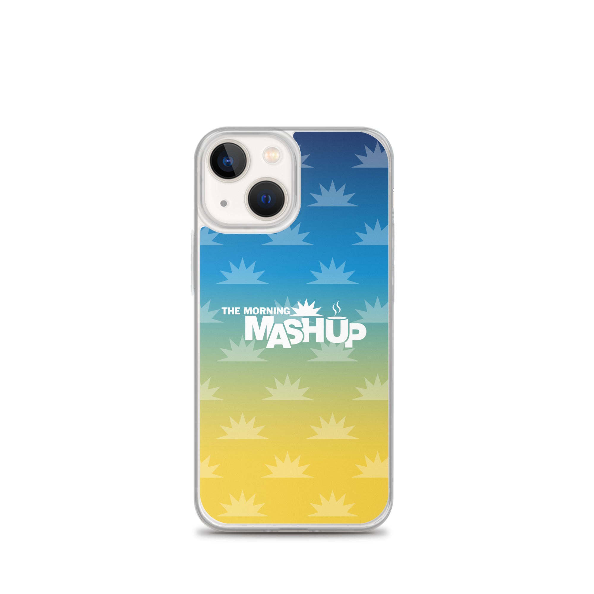 Phone case design featuring a gradient background with blue and yellow hues and repeated starburst patterns, with the text 'THE MORNING MASHUP' prominently displayed in white.