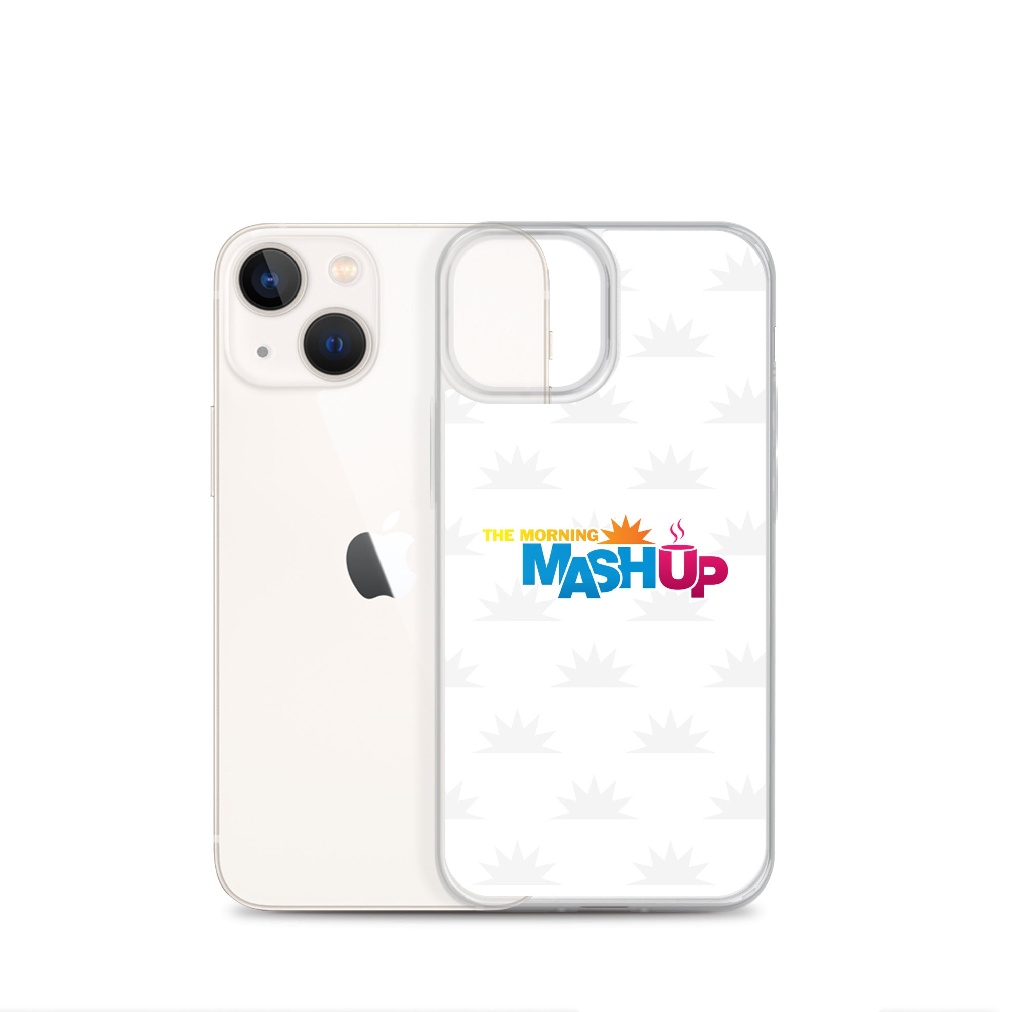Image of a phone case featuring the words 'THE MORNING MASH UP' in yellow, blue, and pink text on a white background with a subtle sunburst pattern.