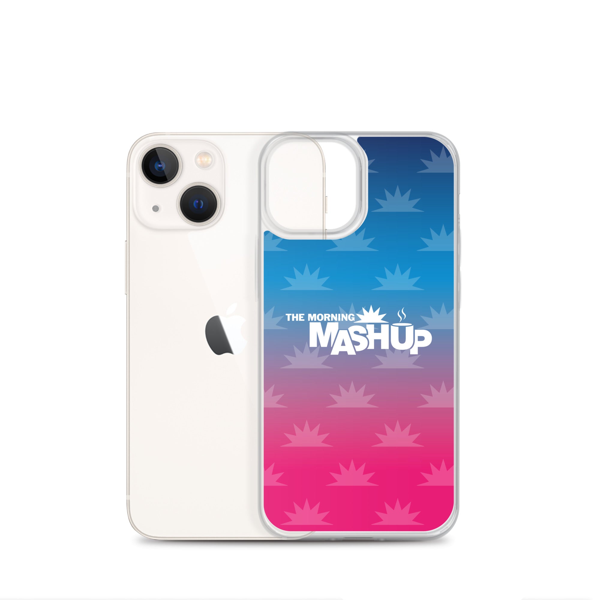 Clear phone case with a gradient background transitioning from blue to pink, featuring the text 'THE MORNING MASHUP' in bold white letters and starburst patterns in lighter shades.
