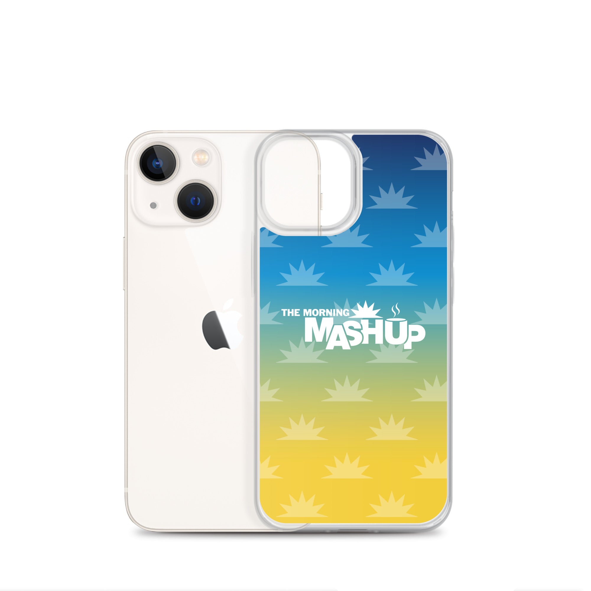 Phone case design featuring a gradient background with blue and yellow hues and repeated starburst patterns, with the text 'THE MORNING MASHUP' prominently displayed in white.